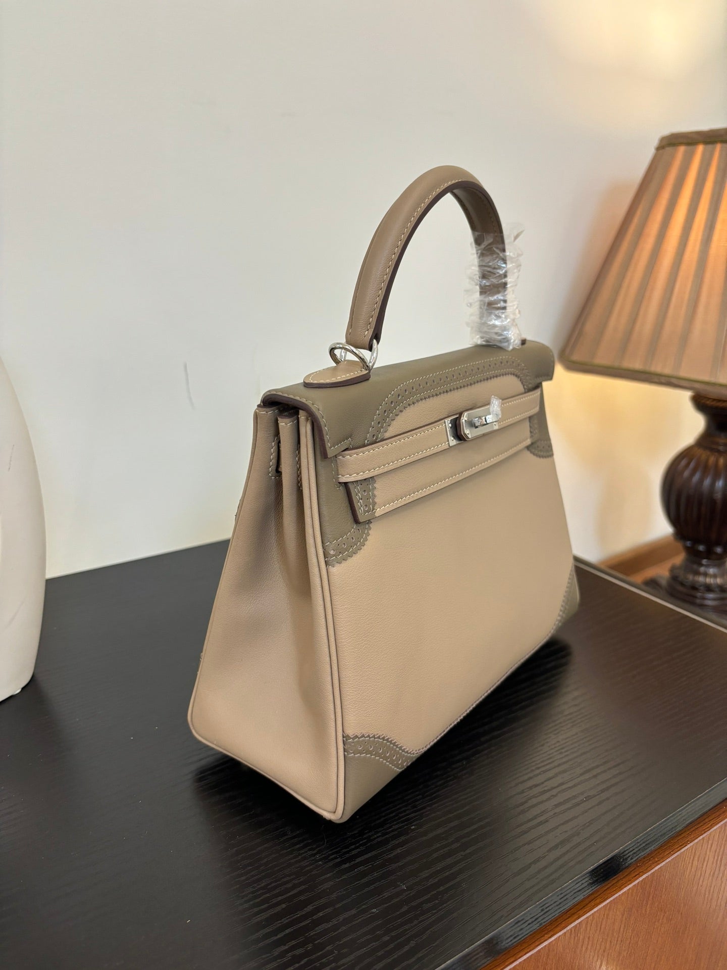 Warm Taupe Brown Two-Tone Lace Stitching Handbag With Silver Turn Lock and Round Top Handle