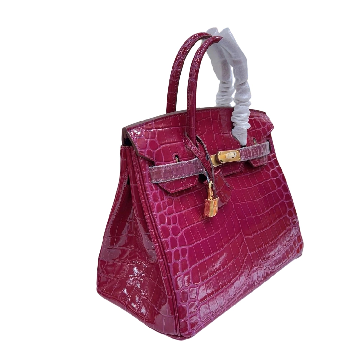 Glossy Ruby Red Crocodile Embossed Structured Tote Bag With Full Set Polished Gold Lock Hardware & Dual Rolled Top Handles