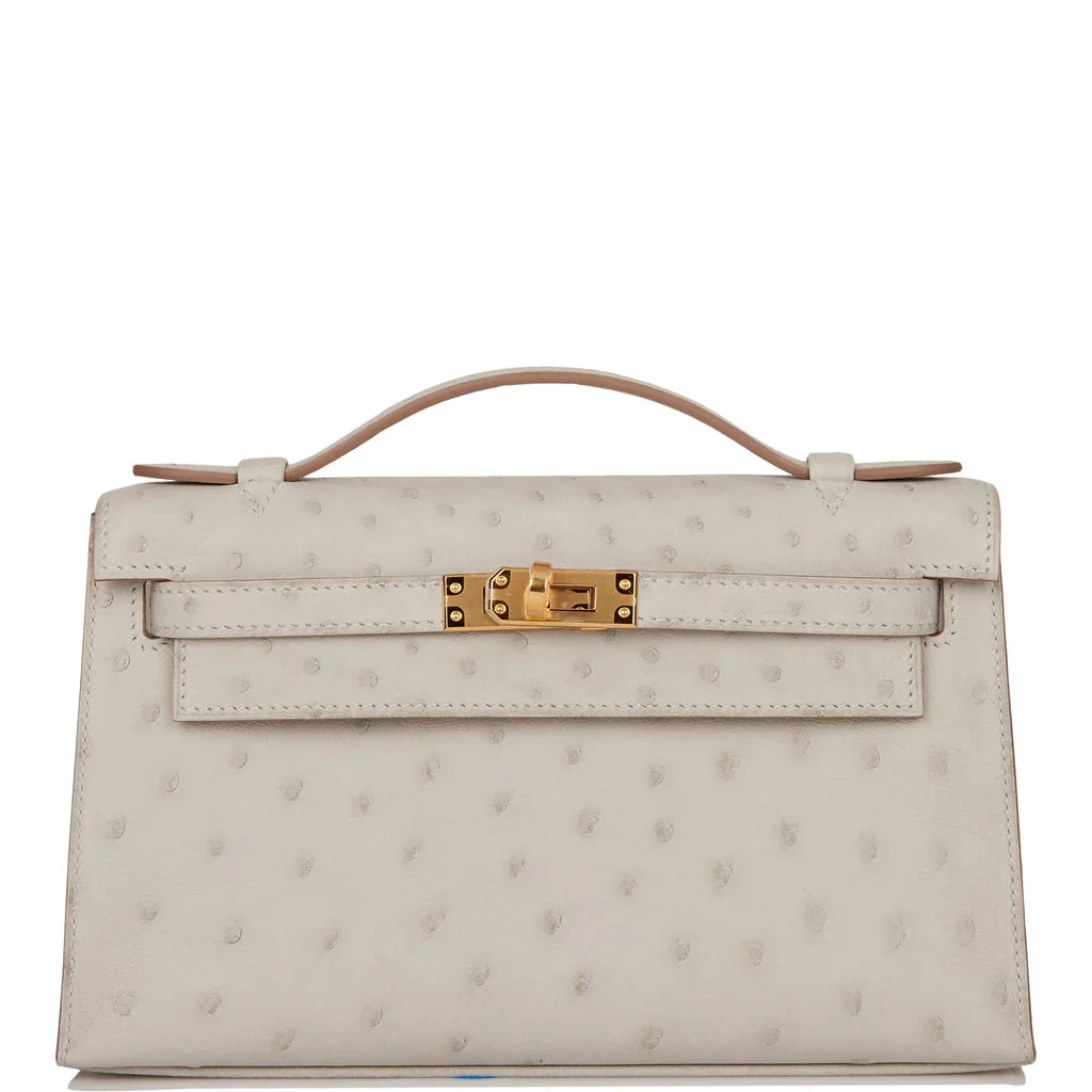 Pearl Gray Ostrich Leather Mini Flap Clutch With Glossy Gold Turn Lock and Slim Flat Top Handle