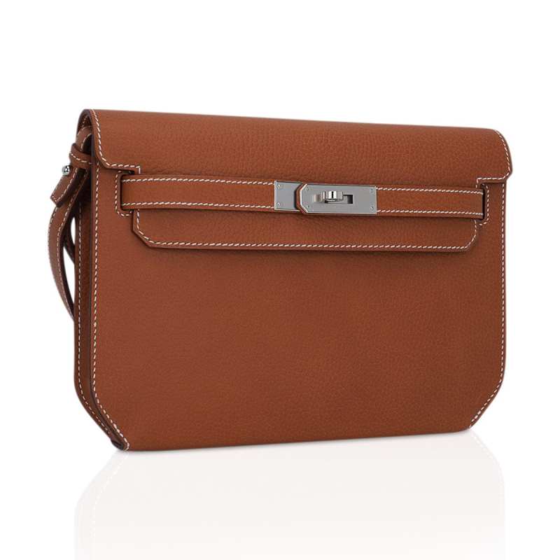 Vintage Fauve Brown Flat Flap Wrist Pouch With Silver Turn Lock & Detachable Leather Wrist Lanyard