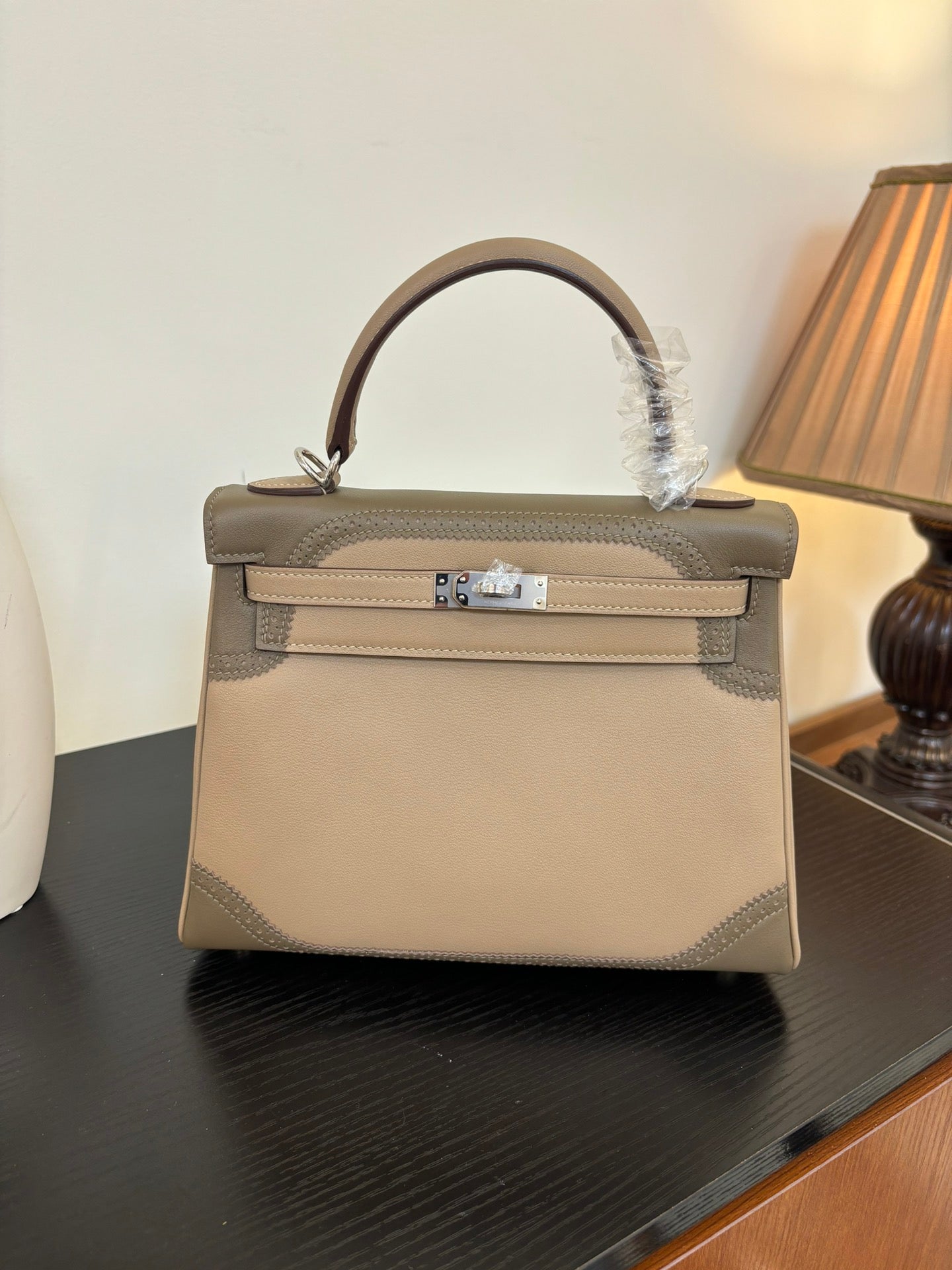 Warm Taupe Brown Two-Tone Lace Stitching Handbag With Silver Turn Lock and Round Top Handle