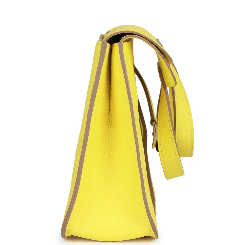 Fresh Lime Yellow Grain Flap Crossbody Bag With Silver Buckle, Foldable Top Handle & Detachable Long Shoulder Strap