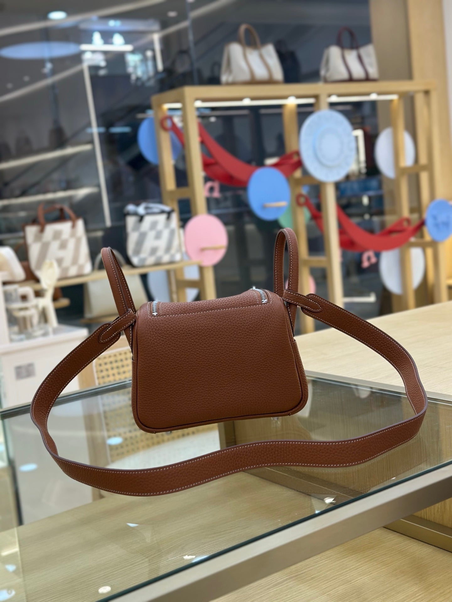 Warm Golden Brown Soft Grain Mini Shoulder Bag With Mixed Silver & Gold Metal Twist Lock and Adjustable Wide Strap
