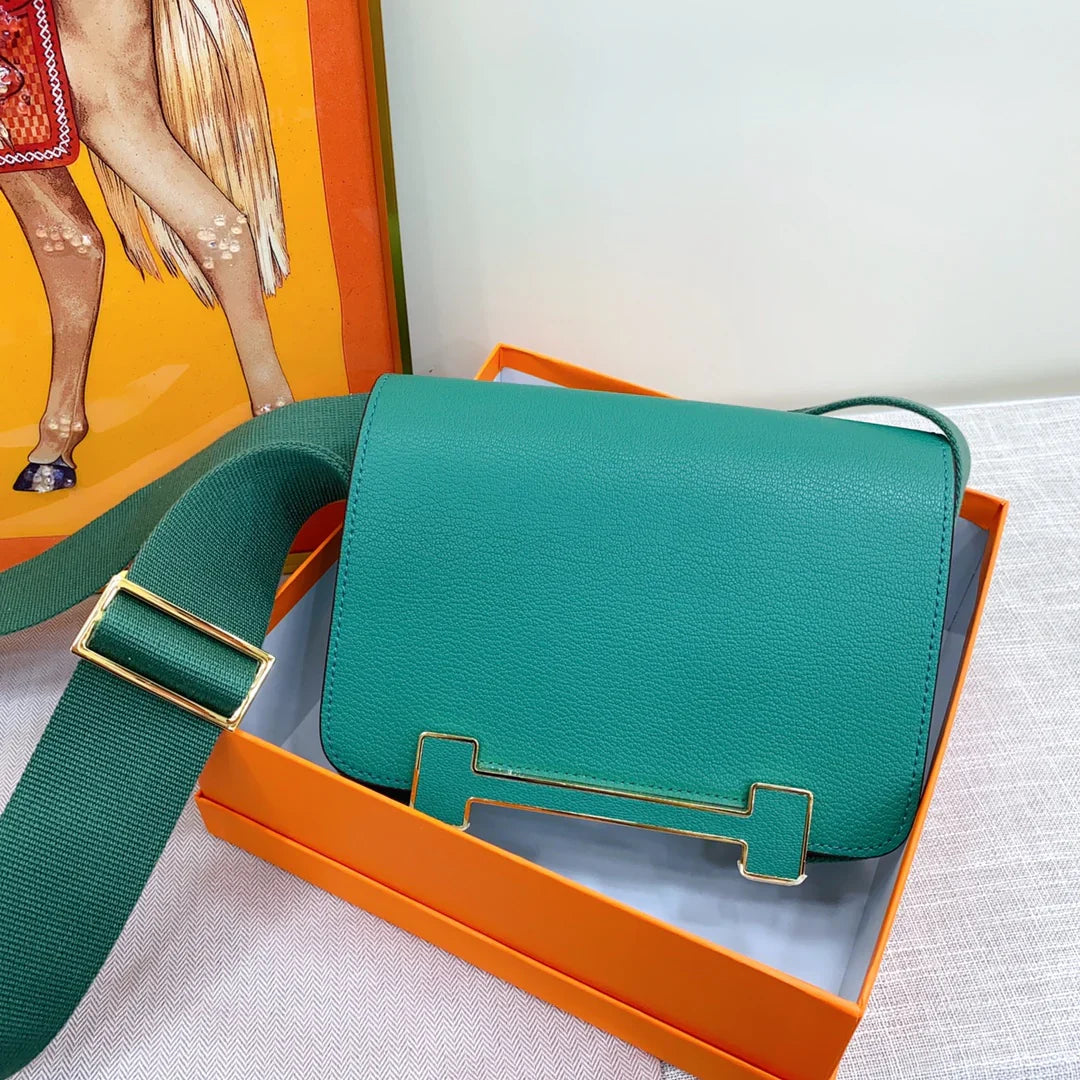 Vibrant Vertigo Green Square Flap Crossbody Bag With Geometric Gold Magnetic Buckle & Wide Woven Shoulder Strap