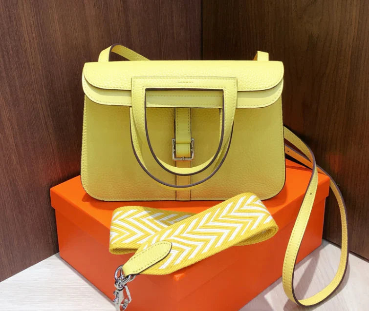 Fresh Lime Yellow Grain Flap Crossbody Bag With Silver Buckle, Foldable Top Handle & Detachable Long Shoulder Strap