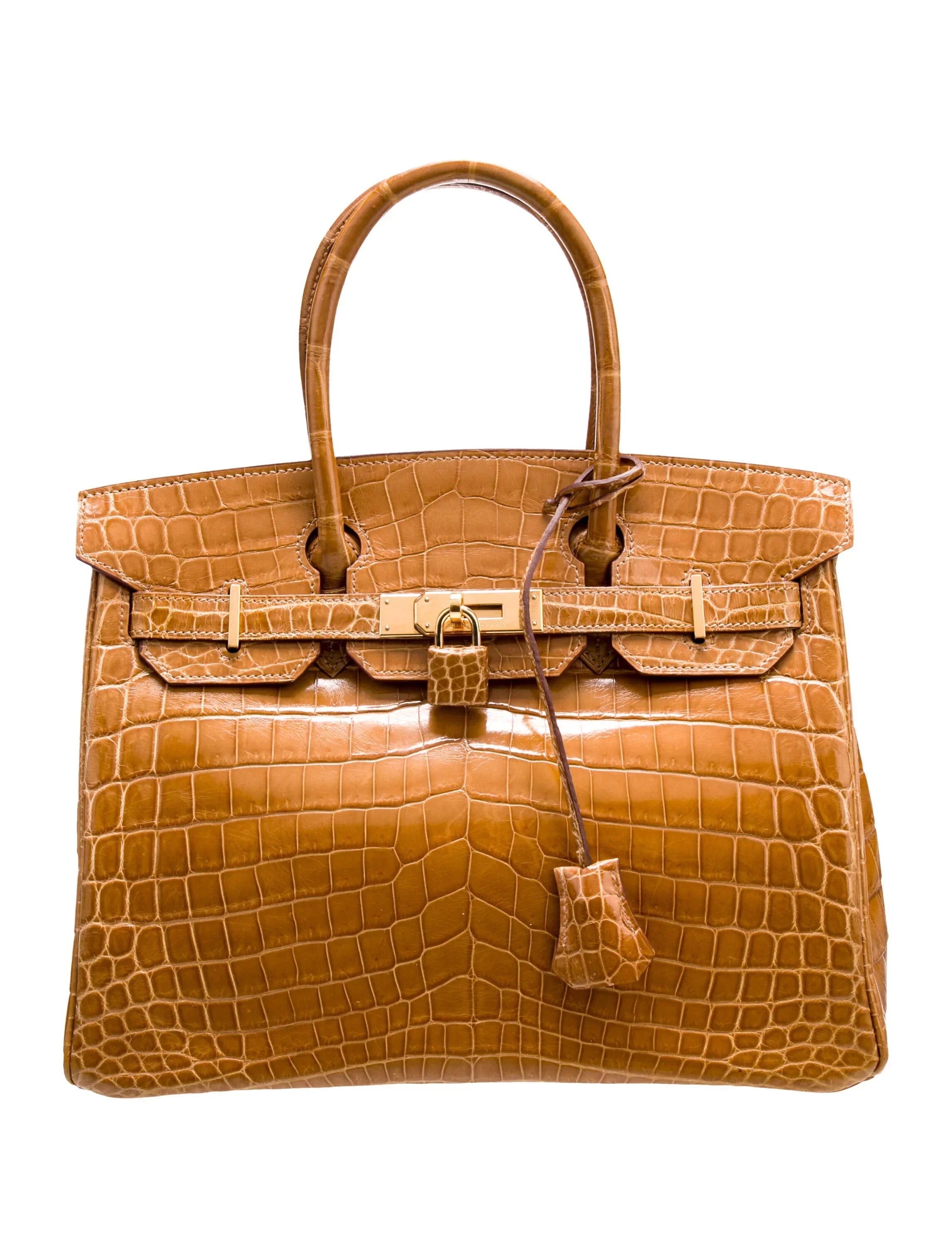 Glossy Warm Brown Shiny Crocodile Leather Structured Tote Bag With Full Polished Gold Turn Lock & Dual Rolled Top Handles
