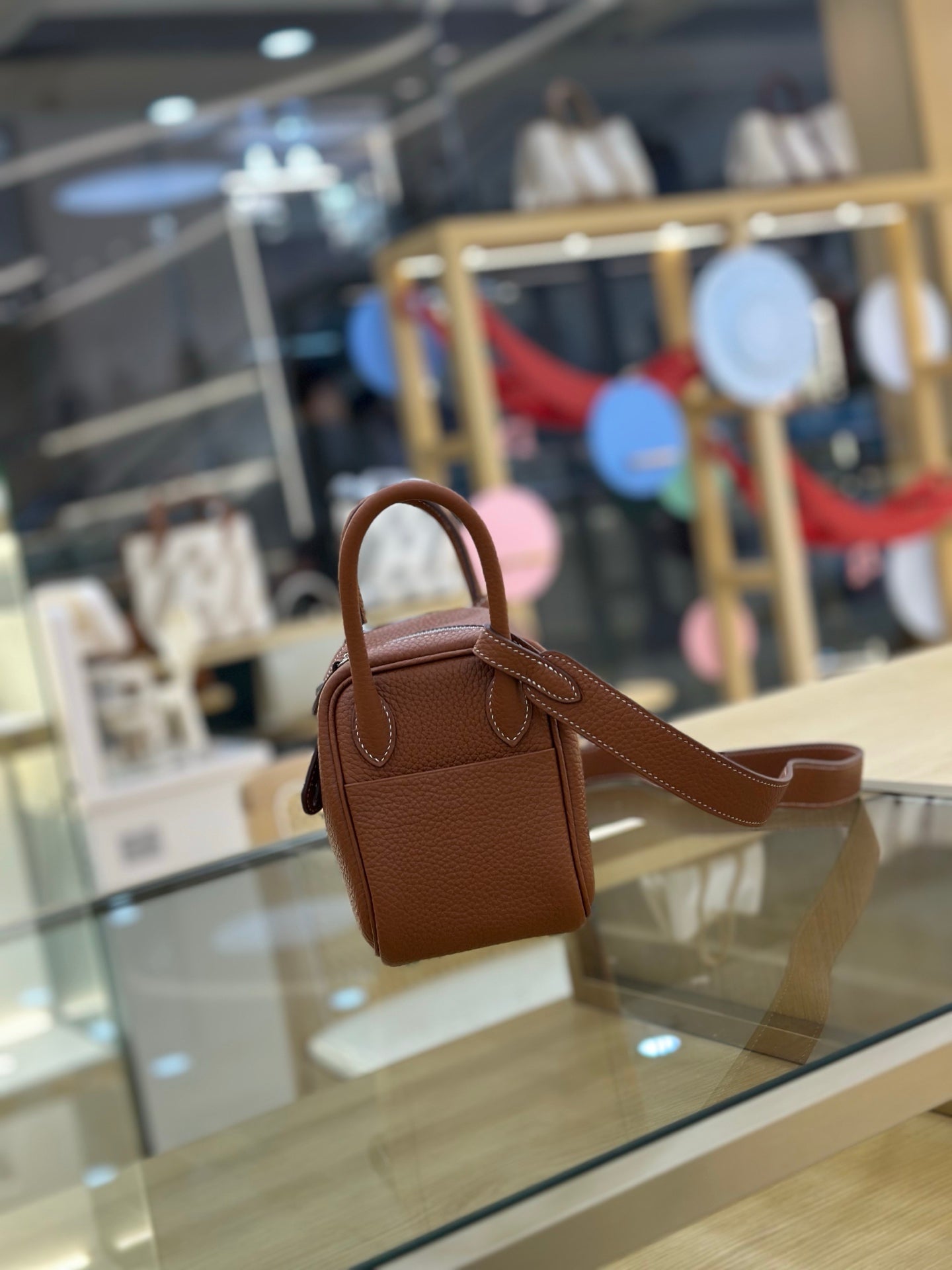 Warm Golden Brown Soft Grain Mini Shoulder Bag With Mixed Silver & Gold Metal Twist Lock and Adjustable Wide Strap