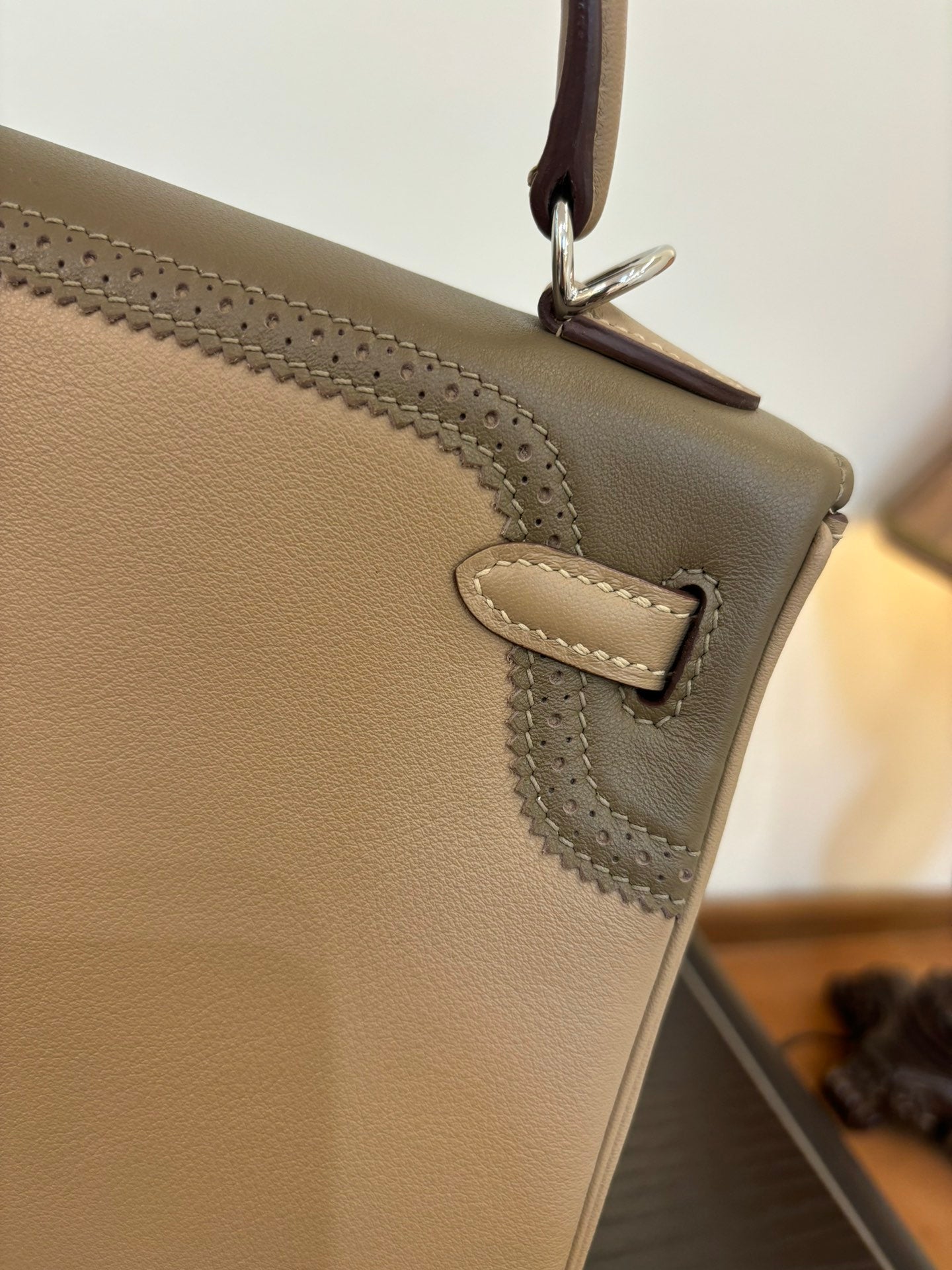 Warm Taupe Brown Two-Tone Lace Stitching Handbag With Silver Turn Lock and Round Top Handle
