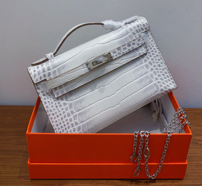 Himalaya White Gradient Crocodile Leather Mini Flap Clutch With Silver Turn Lock, Slim Top Handle & Detachable Silver Chain Strap