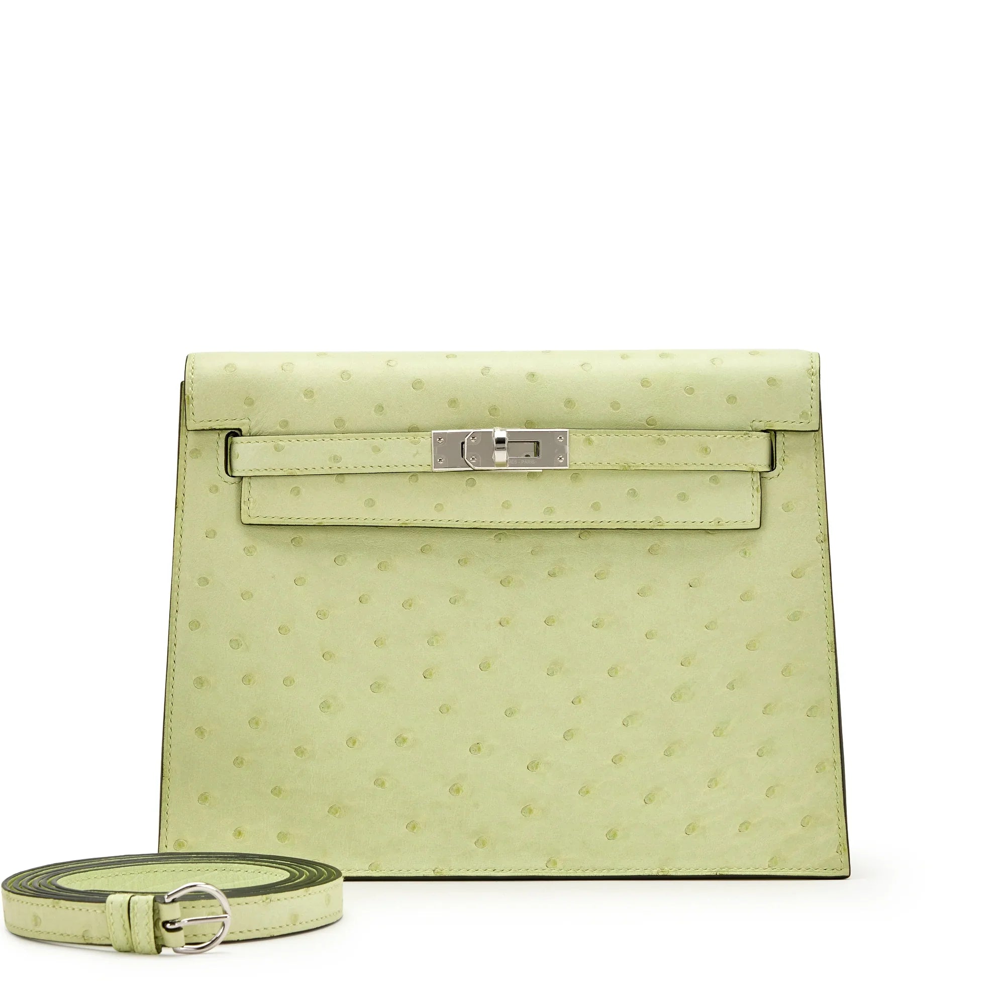 Fresh Bud Yellow Ostrich Leather Flap Belt Crossbody Bag With Silver Turn Lock & Adjustable Matching Leather Strap