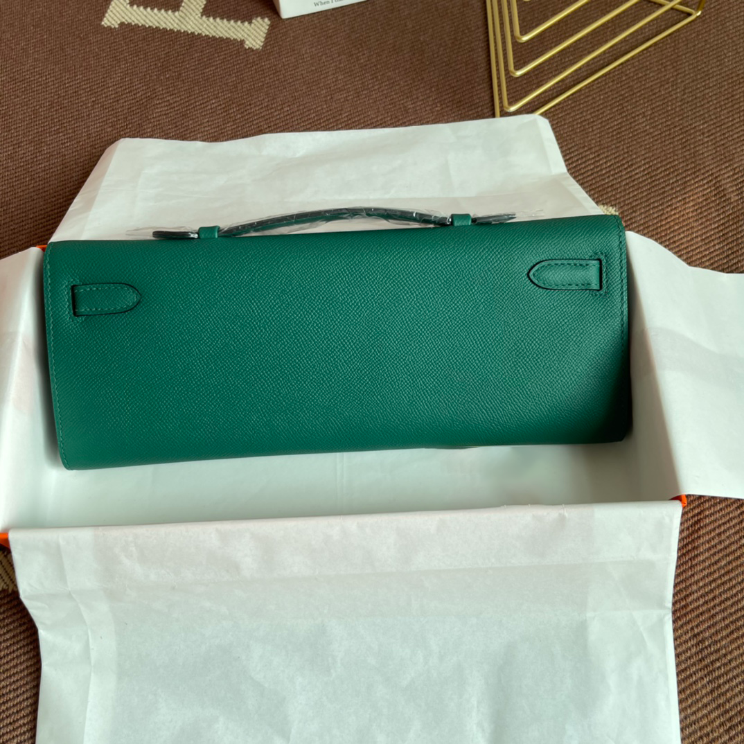 Peacock Green Long Flap Clutch With Polished Silver Turn Lock and Slim Hand Strap