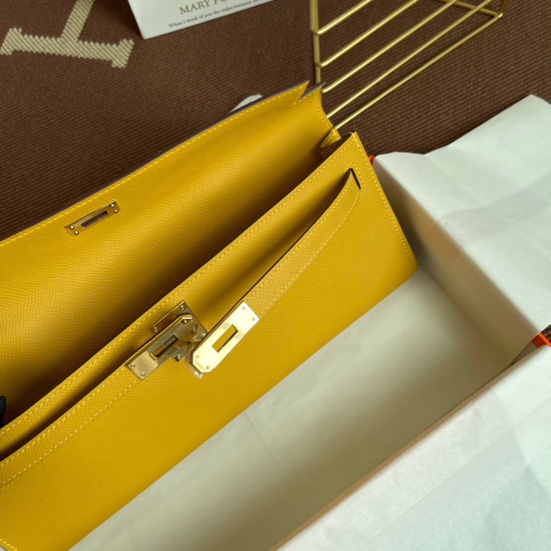 Warm Amber Yellow Long Flap Clutch With Mixed Gold & Silver Turn Lock and Slim Wrist Strap