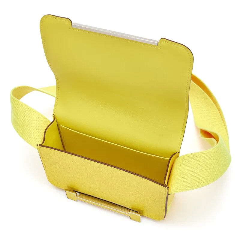 Bright Lemon Citron Yellow Square Flap Crossbody Bag With Geometric Gold Magnetic Buckle & Wide Canvas Shoulder Strap
