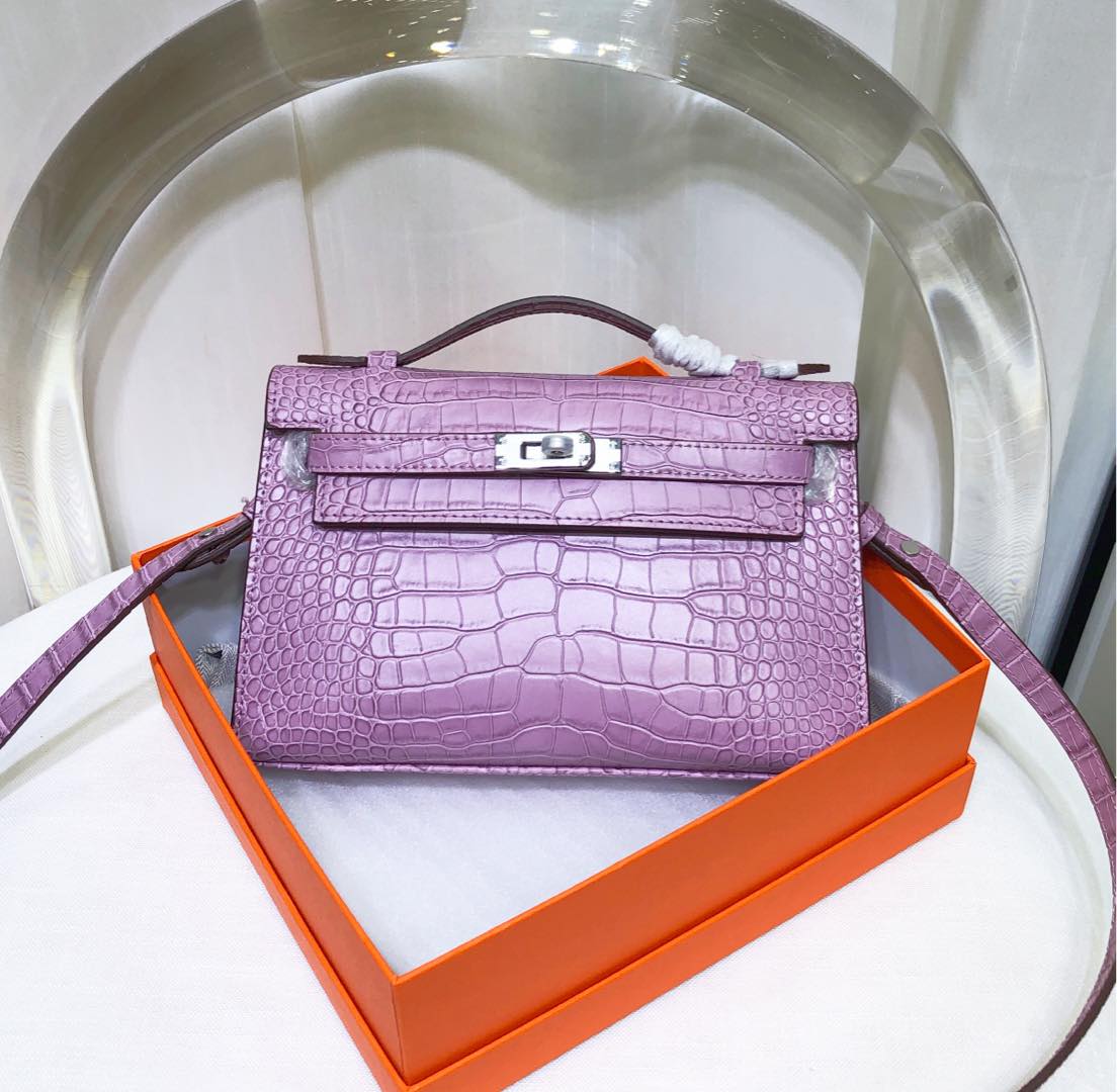 Glossy Lilac Purple Shiny Crocodile Leather Mini Flap Clutch With Silver Turn Lock, Slim Top Handle & Matching Detachable Leather Crossbody Strap