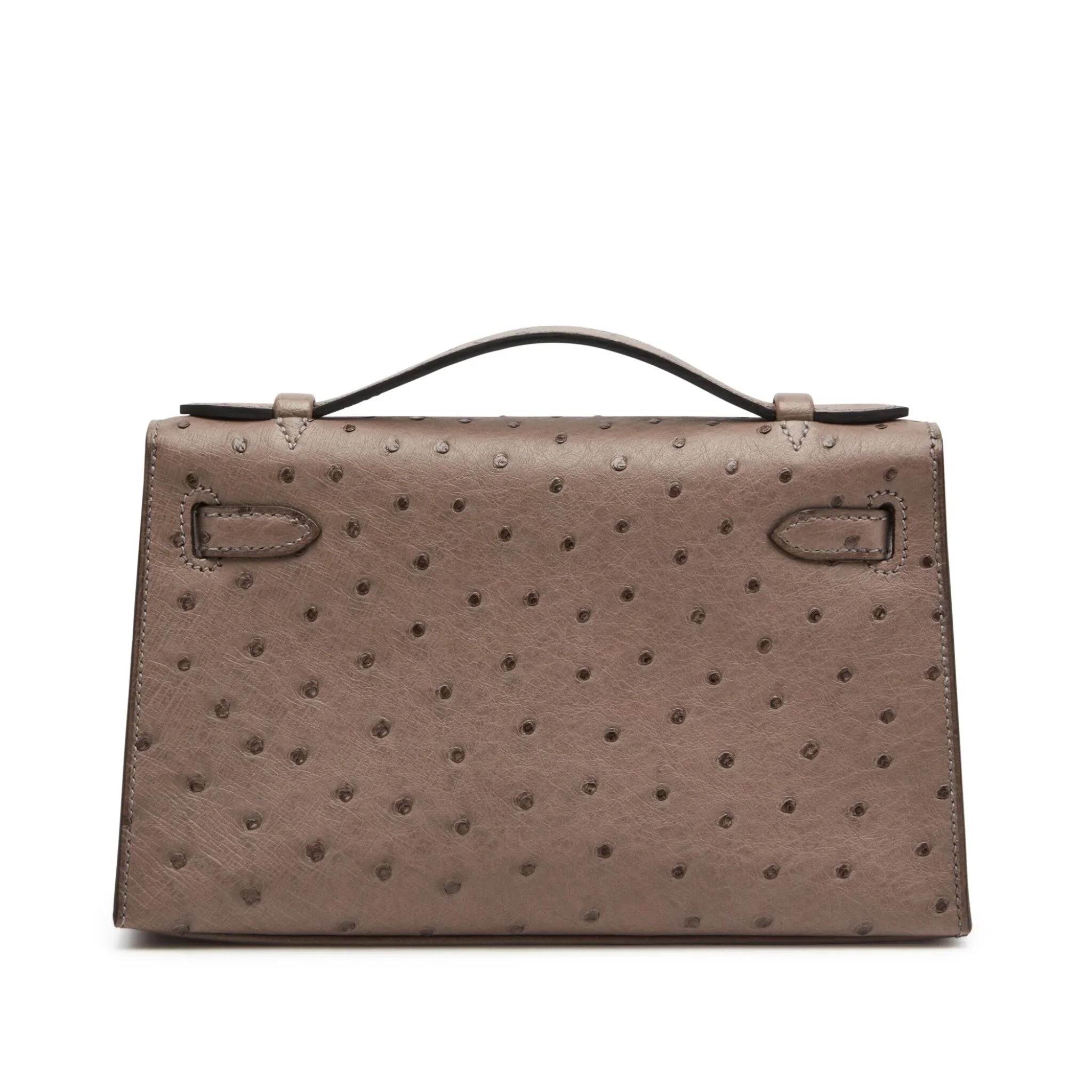 Dove Gray Ostrich Leather Mini Flap Clutch With Glossy Gold Turn Lock and Slim Flat Top Handle