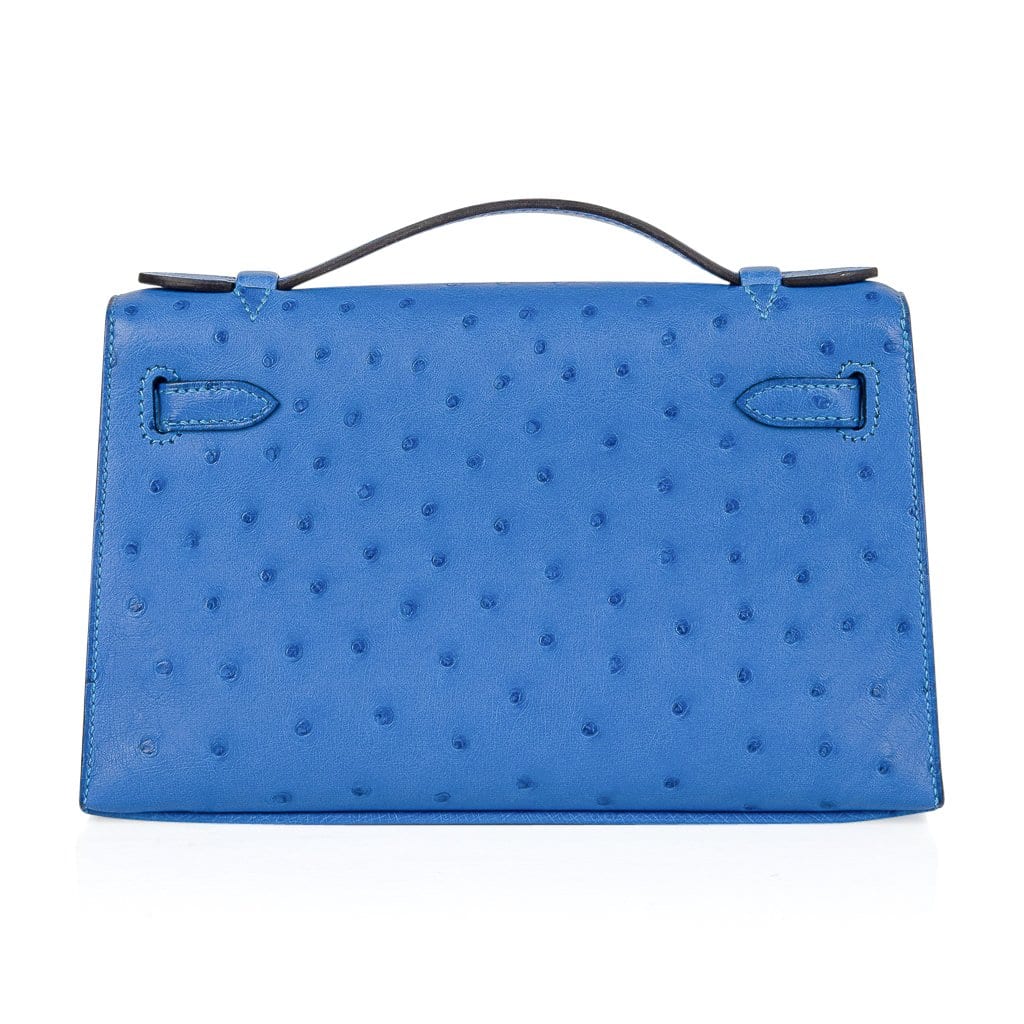 Bright Bleuet Blue Ostrich Leather Mini Flap Clutch With Shiny Gold Turn Lock and Slim Short Top Handle