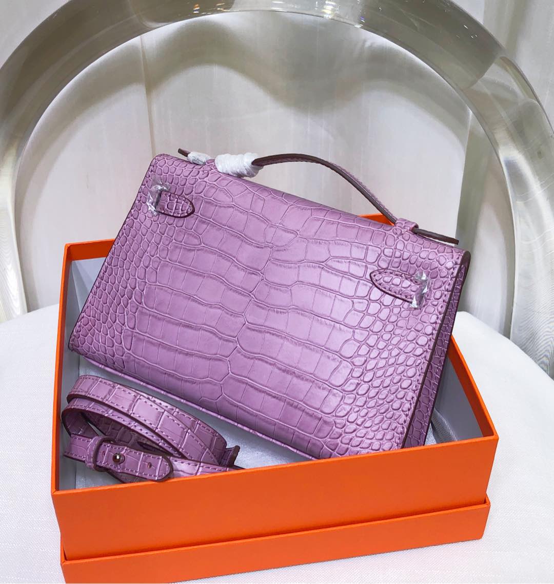 Glossy Lilac Purple Shiny Crocodile Leather Mini Flap Clutch With Silver Turn Lock, Slim Top Handle & Matching Detachable Leather Crossbody Strap