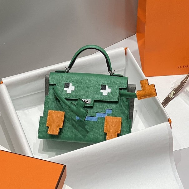 Vibrant Velvet Green Mosaic Patch Mini Handbag With Silver Turn Lock and Detachable Wide Shoulder Strap