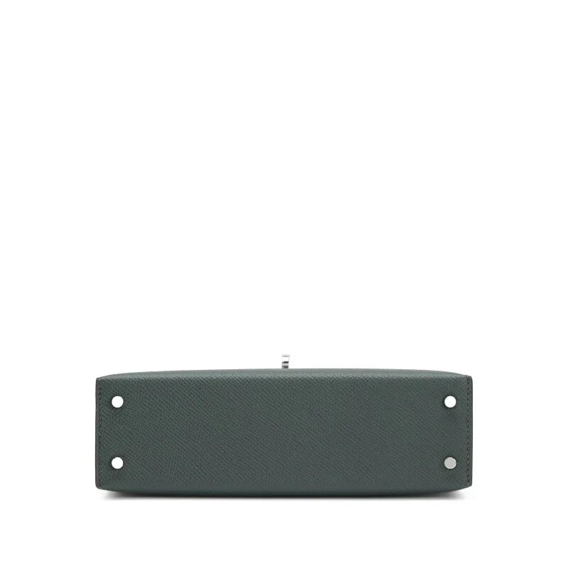 Almond Dark Green Mini Flip Handbag With Silver Turn Lock, Black Top Handle & Detachable Shoulder Strap