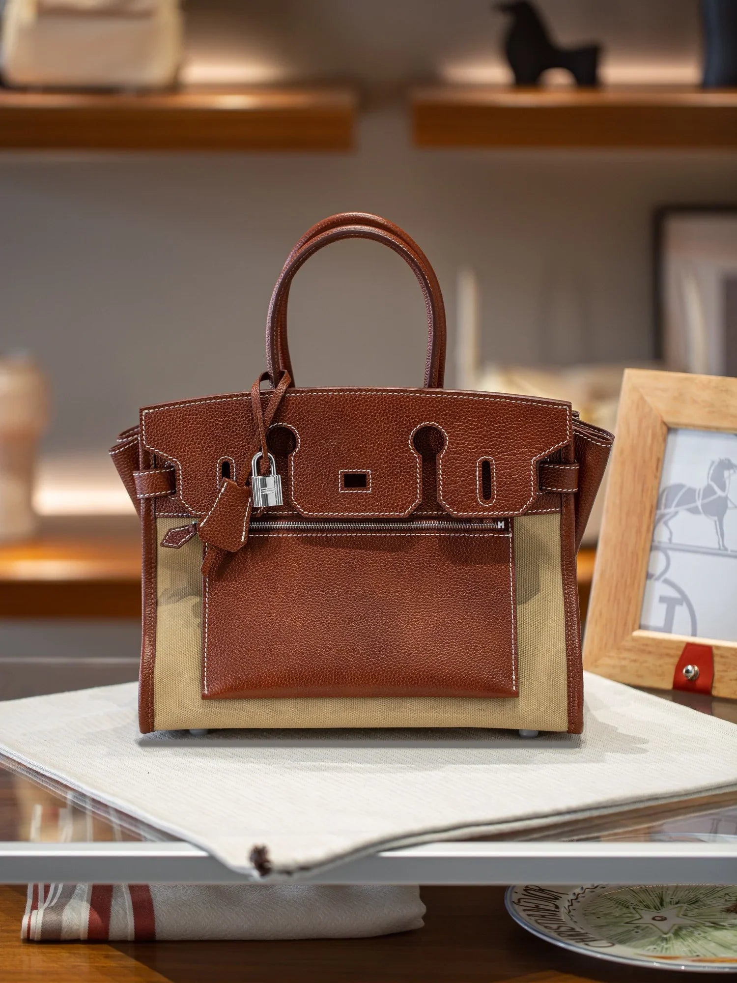 Vintage Fawn Brown Canvas Patchwork Tote Bag With Silver Turn Lock and Dual Thick Leather Top Handles