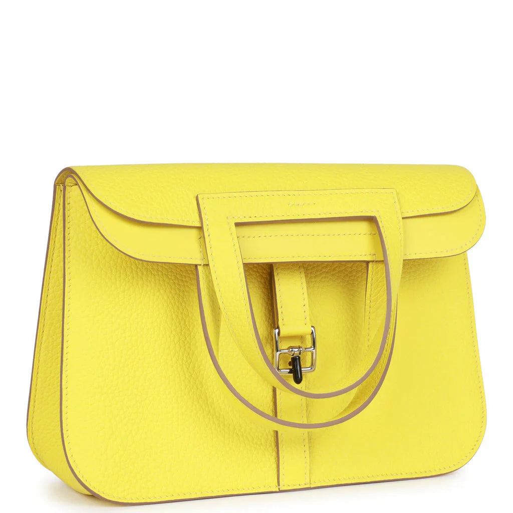 Fresh Lime Yellow Grain Flap Crossbody Bag With Silver Buckle, Foldable Top Handle & Detachable Long Shoulder Strap