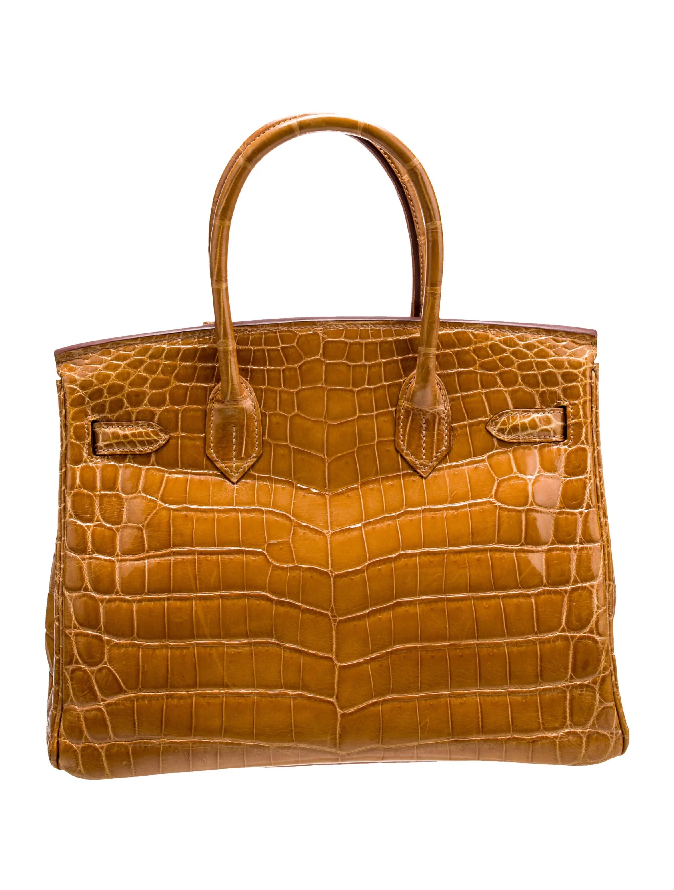 Glossy Warm Brown Shiny Crocodile Leather Structured Tote Bag With Full Polished Gold Turn Lock & Dual Rolled Top Handles