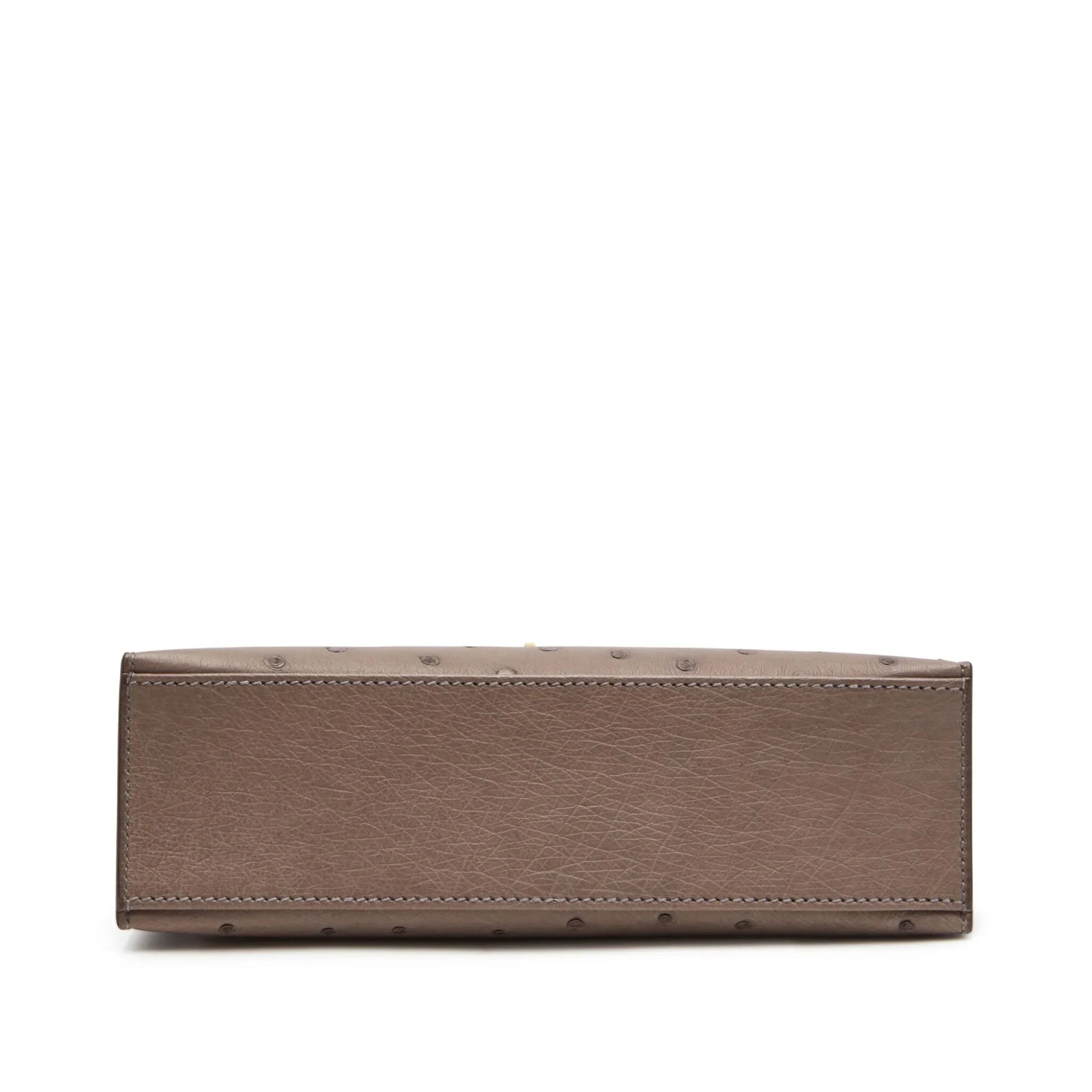 Dove Gray Ostrich Leather Mini Flap Clutch With Glossy Gold Turn Lock and Slim Flat Top Handle