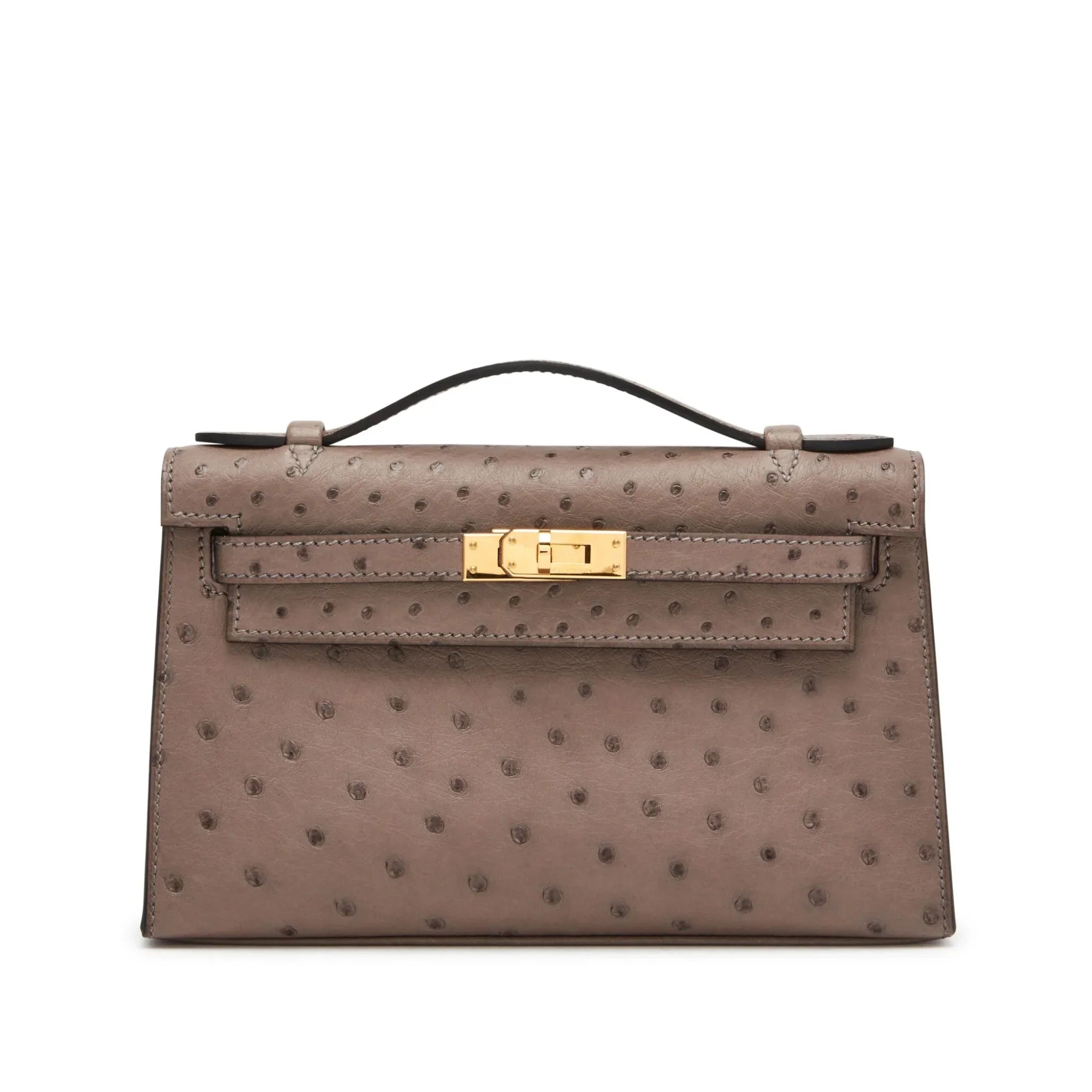 Dove Gray Ostrich Leather Mini Flap Clutch With Glossy Gold Turn Lock and Slim Flat Top Handle