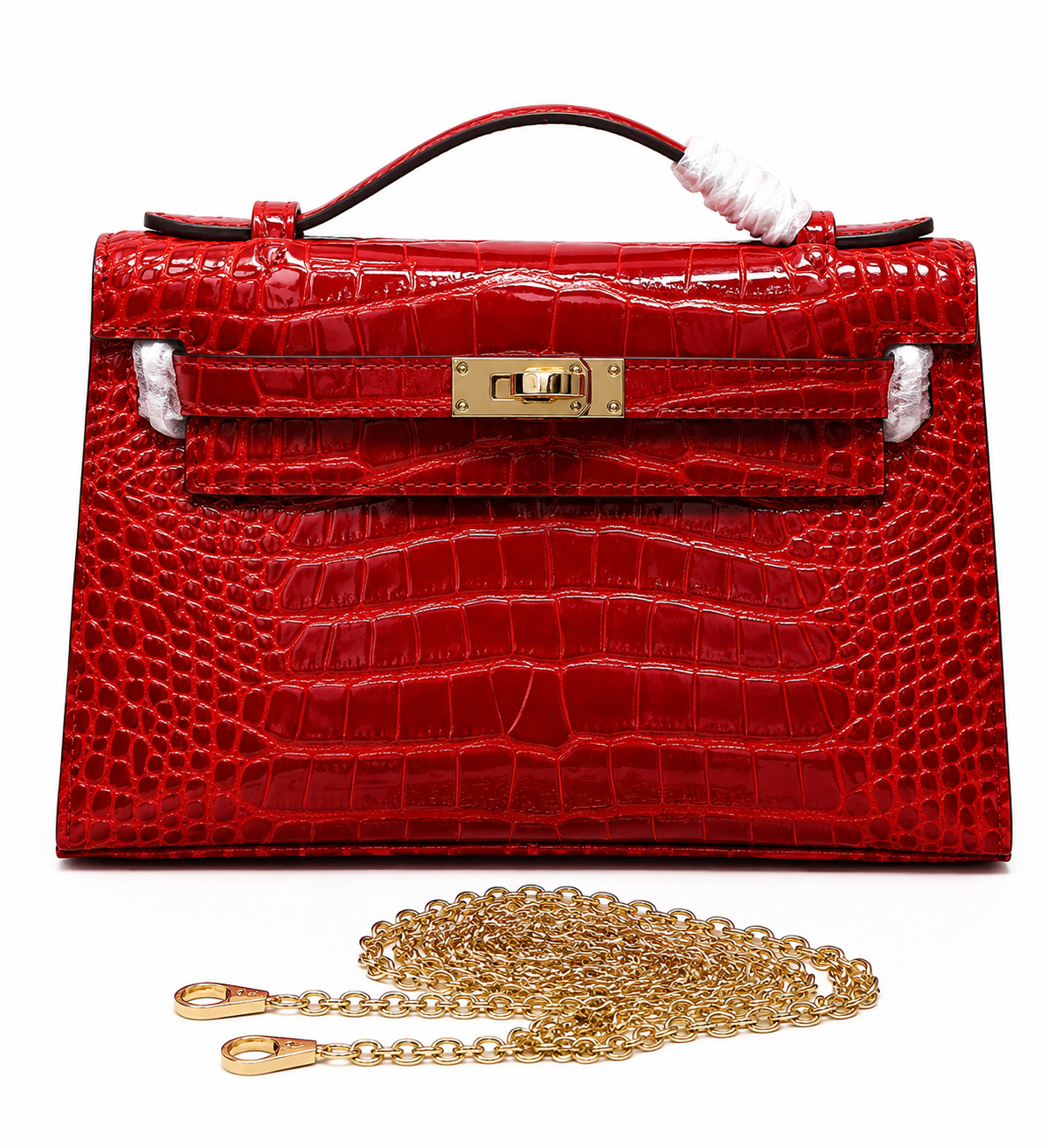 Glossy Scarlet Red Shiny Crocodile Leather Mini Flap Clutch With Polished Gold Turn Lock, Slim Top Handle & Detachable Gold Chain Strap