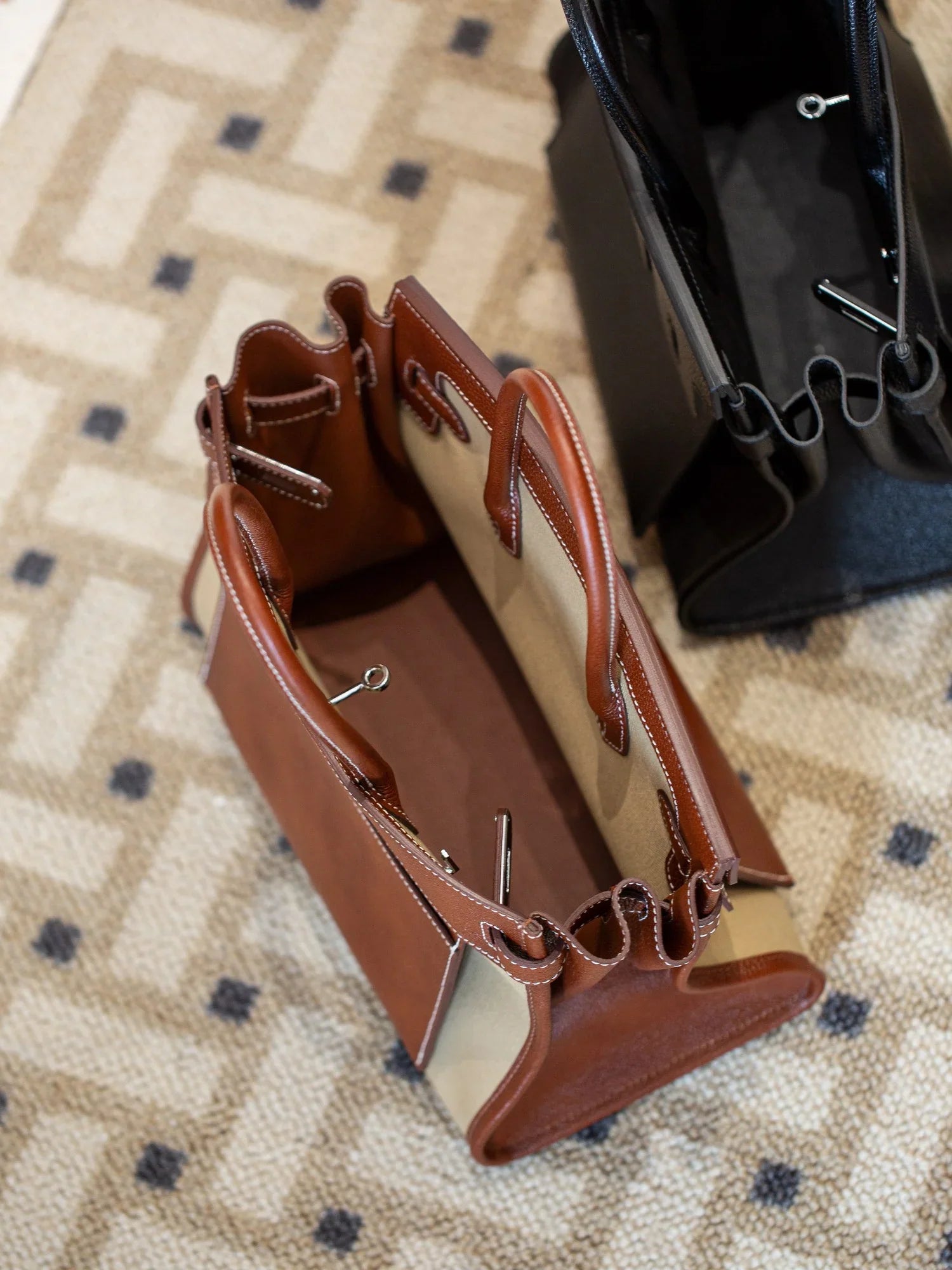 Vintage Fawn Brown Canvas Patchwork Tote Bag With Silver Turn Lock and Dual Thick Leather Top Handles