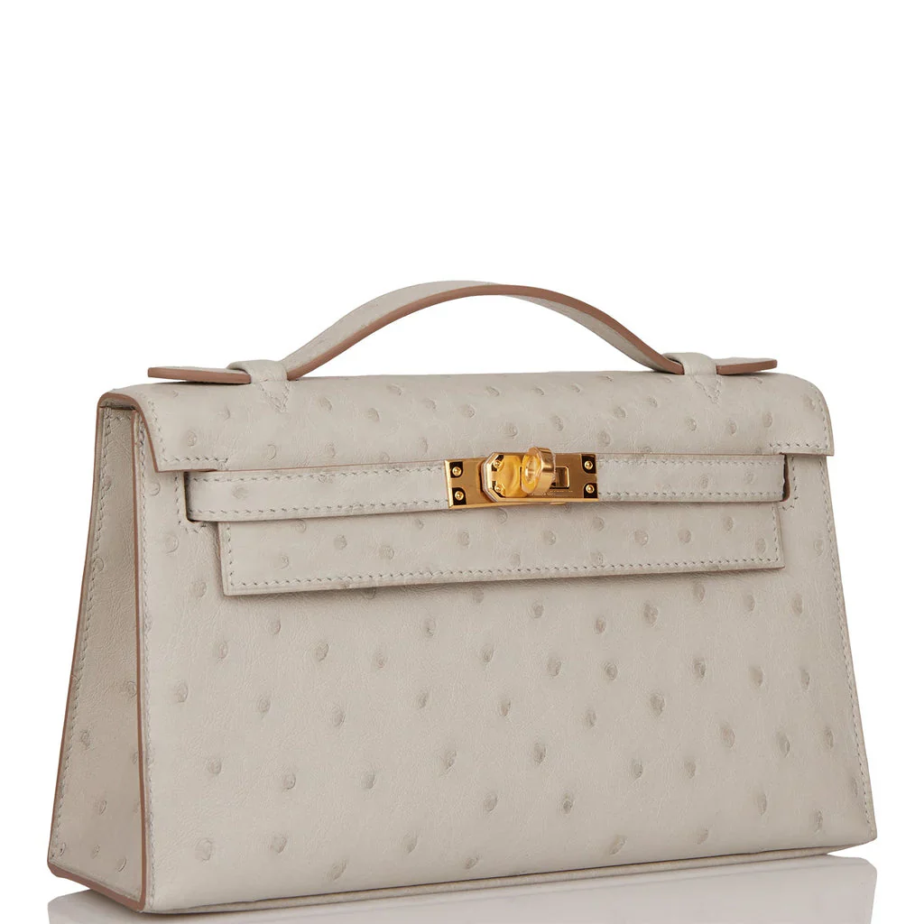 Pearl Gray Ostrich Leather Mini Flap Clutch With Glossy Gold Turn Lock and Slim Flat Top Handle