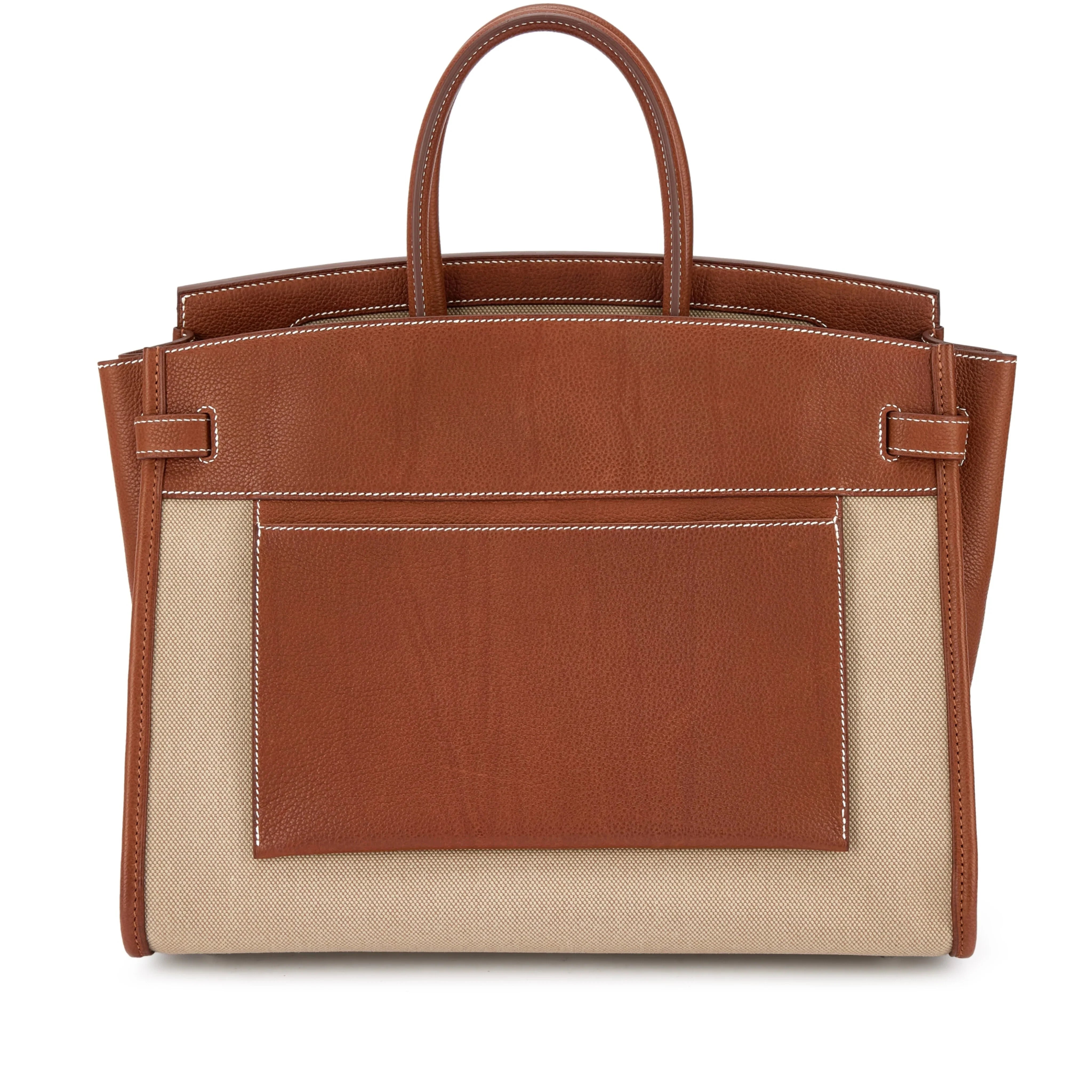 Vintage Fawn Brown Canvas Patchwork Tote Bag With Silver Turn Lock and Dual Thick Leather Top Handles