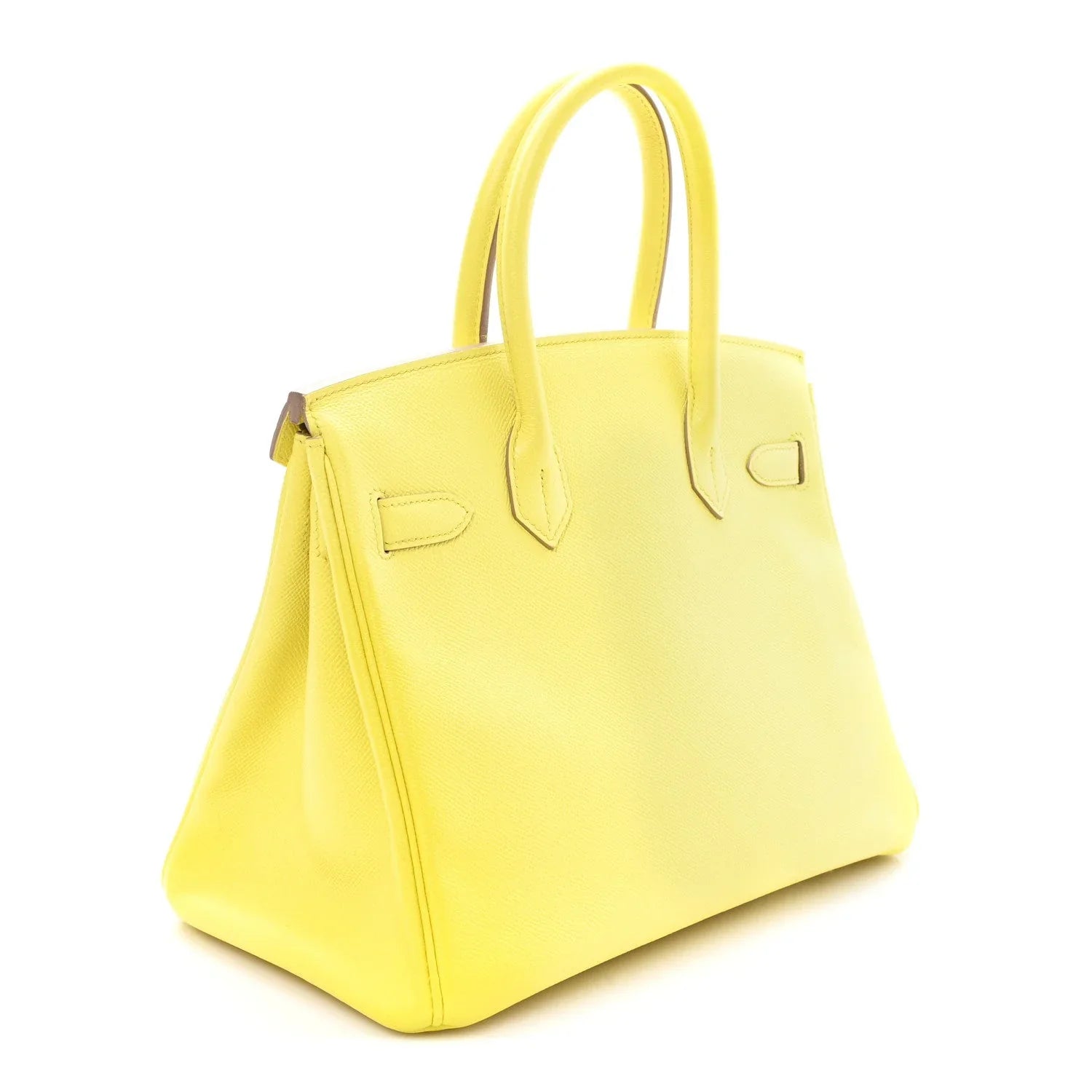 Bright Milton Yellow Rigid Tote Handbag With Polished Gold Turn Lock, Matching Rolled Top Handles & Complete Lock Key Set
