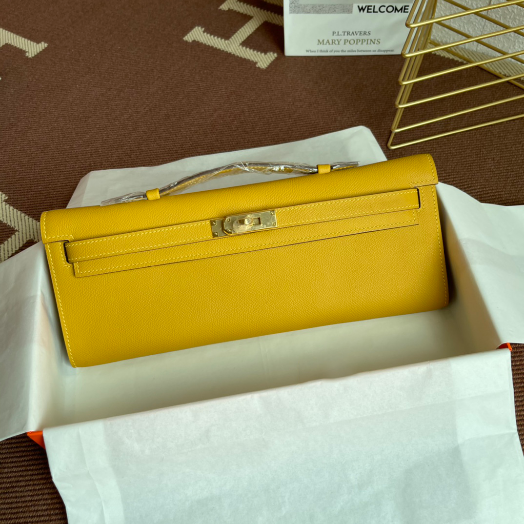 Warm Amber Yellow Long Flap Clutch With Mixed Gold & Silver Turn Lock and Slim Wrist Strap