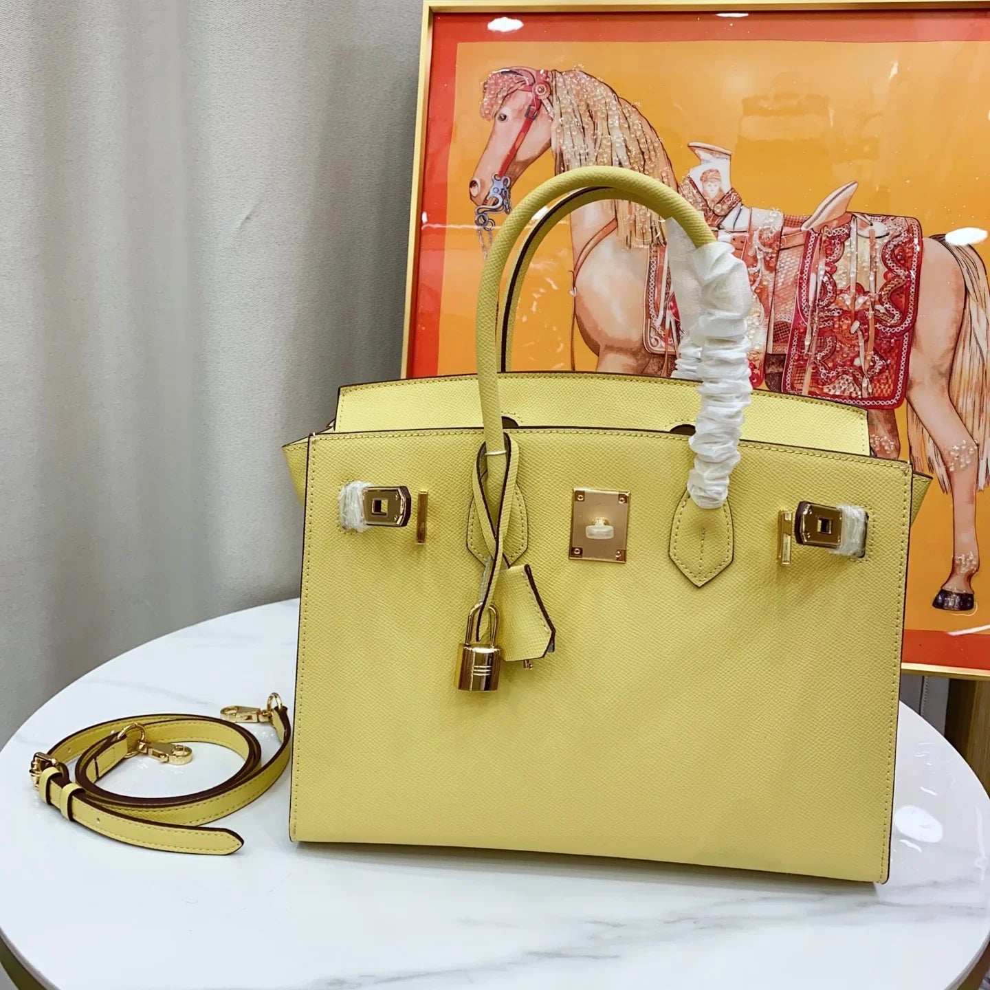 Bright Milton Yellow Rigid Tote Handbag With Polished Gold Turn Lock, Matching Rolled Top Handles & Complete Lock Key Set
