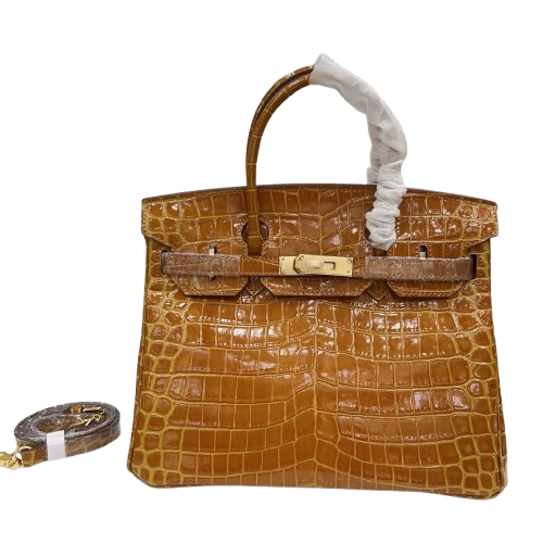 Glossy Warm Brown Shiny Crocodile Leather Structured Tote Bag With Full Polished Gold Turn Lock & Dual Rolled Top Handles