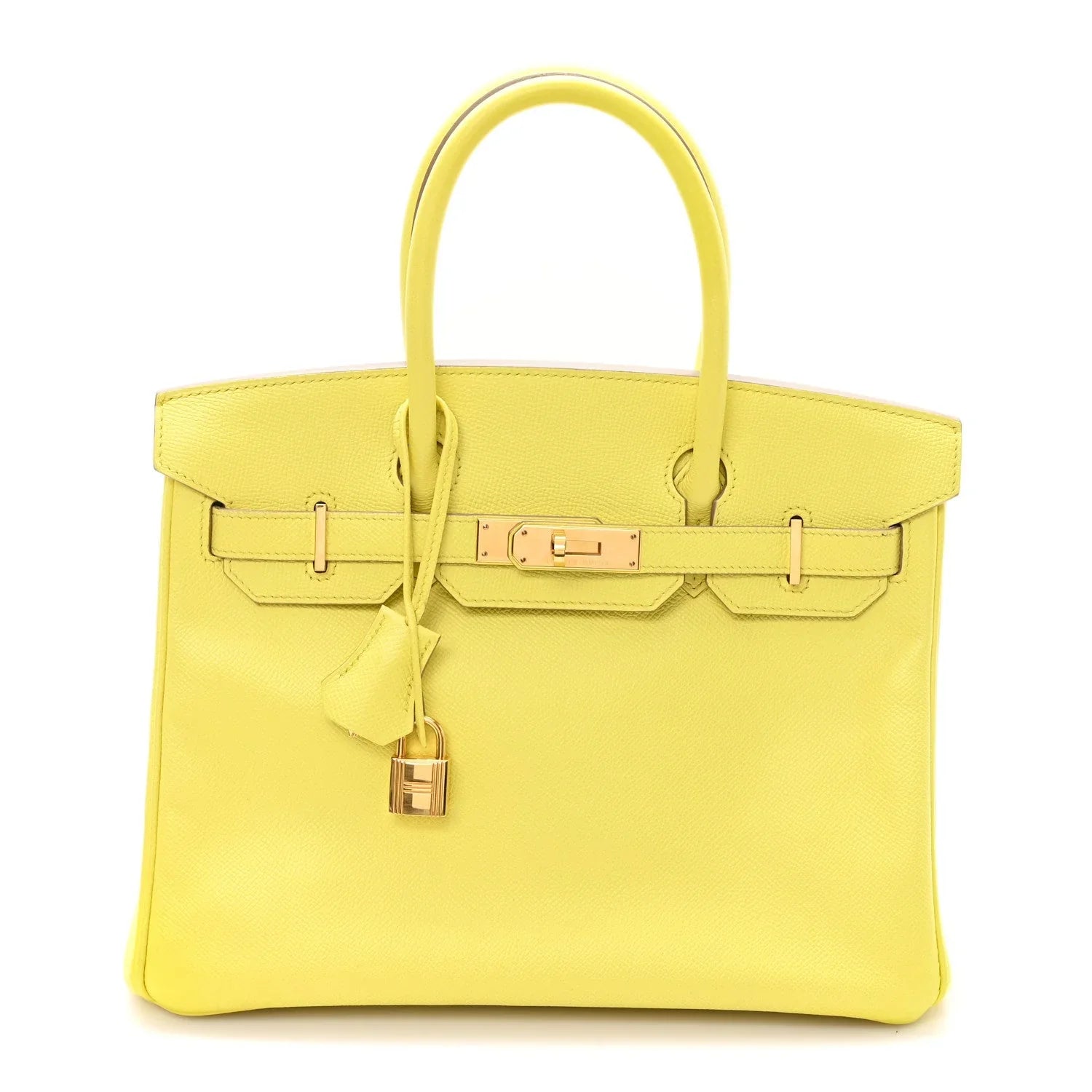 Bright Milton Yellow Rigid Tote Handbag With Polished Gold Turn Lock, Matching Rolled Top Handles & Complete Lock Key Set