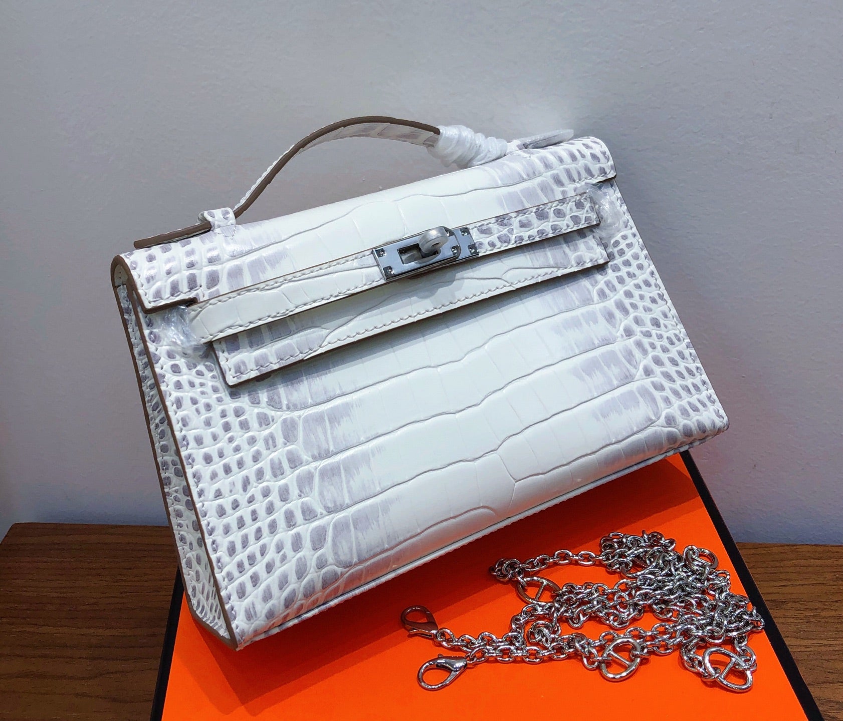 Himalaya White Gradient Crocodile Leather Mini Flap Clutch With Silver Turn Lock, Slim Top Handle & Detachable Silver Chain Strap