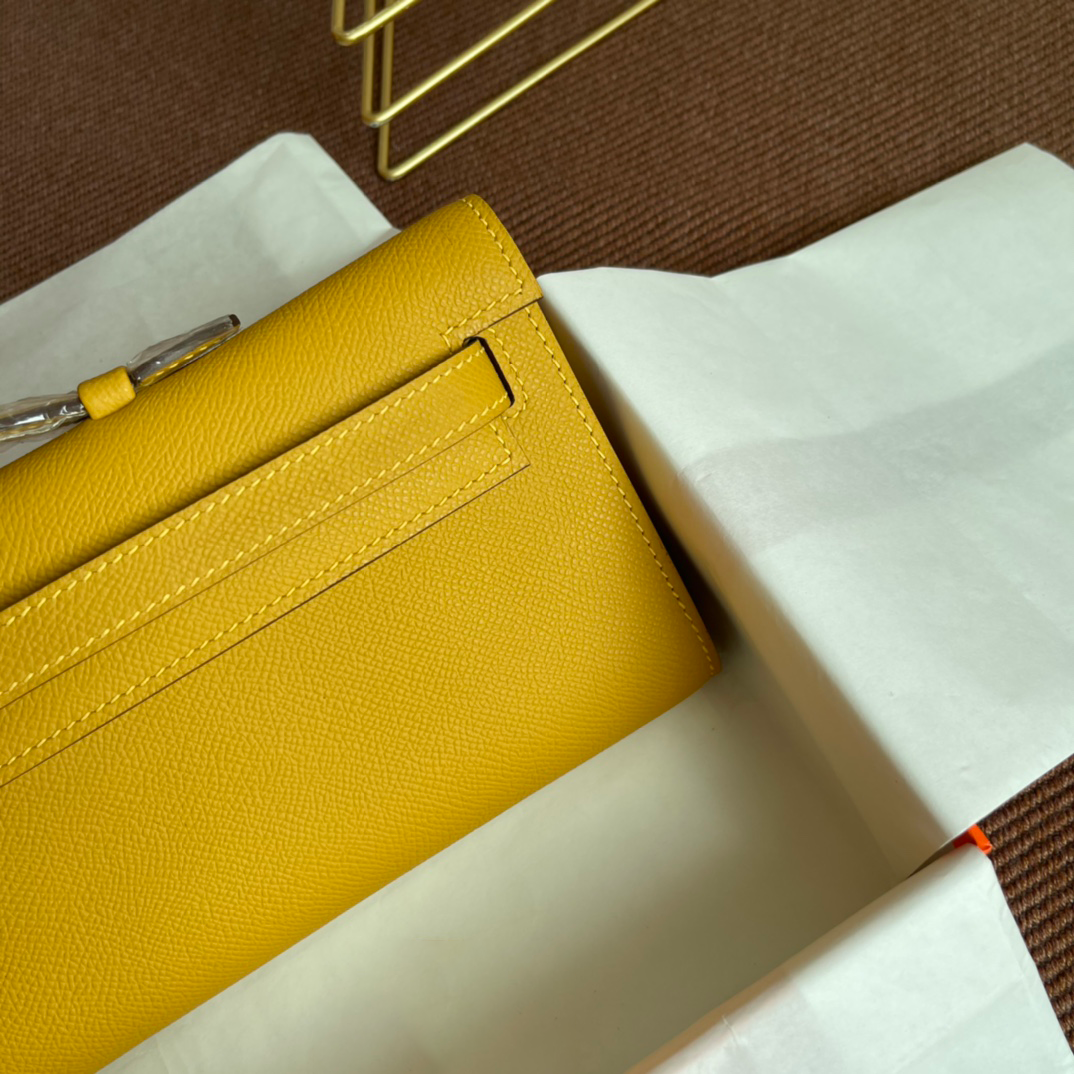 Warm Amber Yellow Long Flap Clutch With Mixed Gold & Silver Turn Lock and Slim Wrist Strap