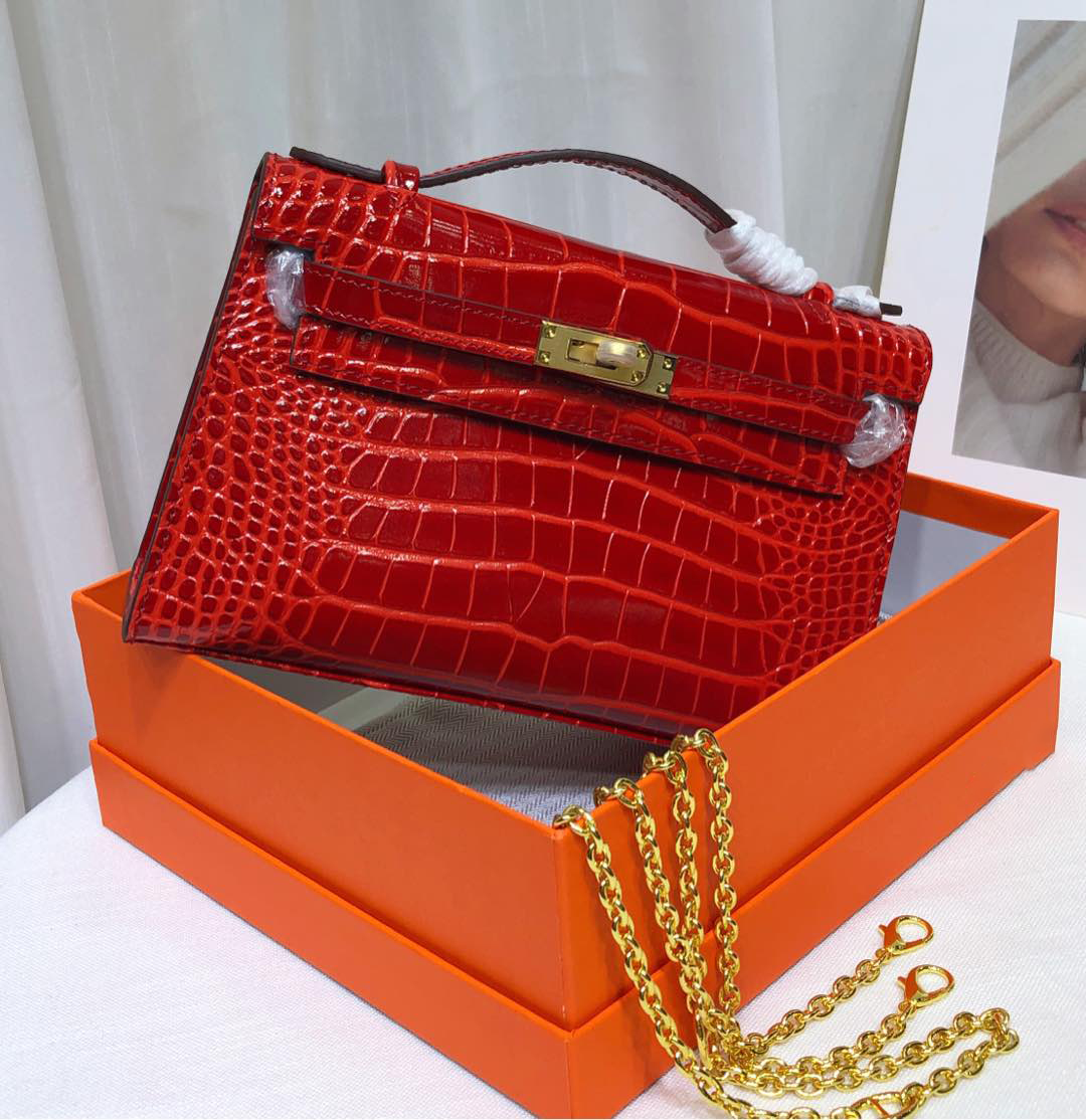 Glossy Scarlet Red Shiny Crocodile Leather Mini Flap Clutch With Polished Gold Turn Lock, Slim Top Handle & Detachable Gold Chain Strap
