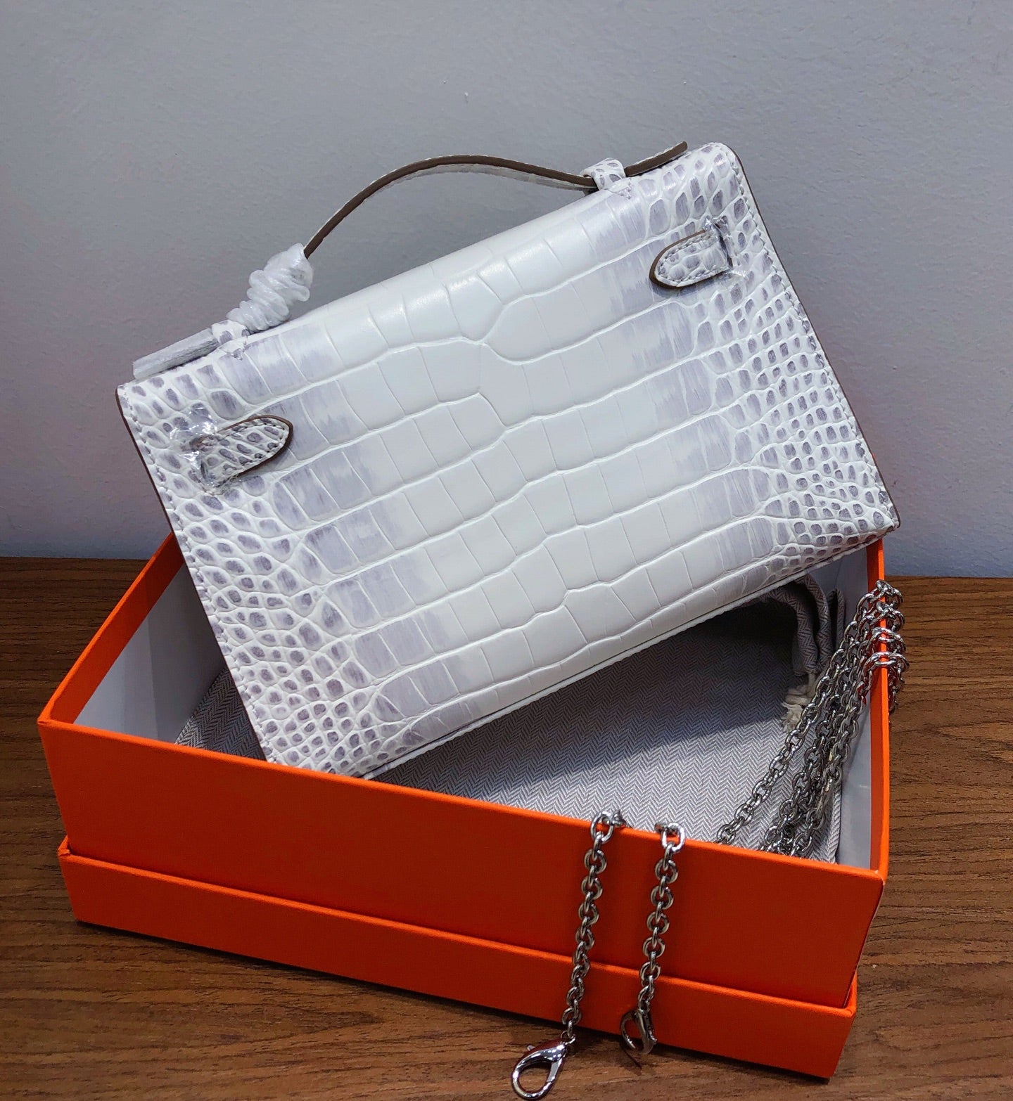 Himalaya White Gradient Crocodile Leather Mini Flap Clutch With Silver Turn Lock, Slim Top Handle & Detachable Silver Chain Strap