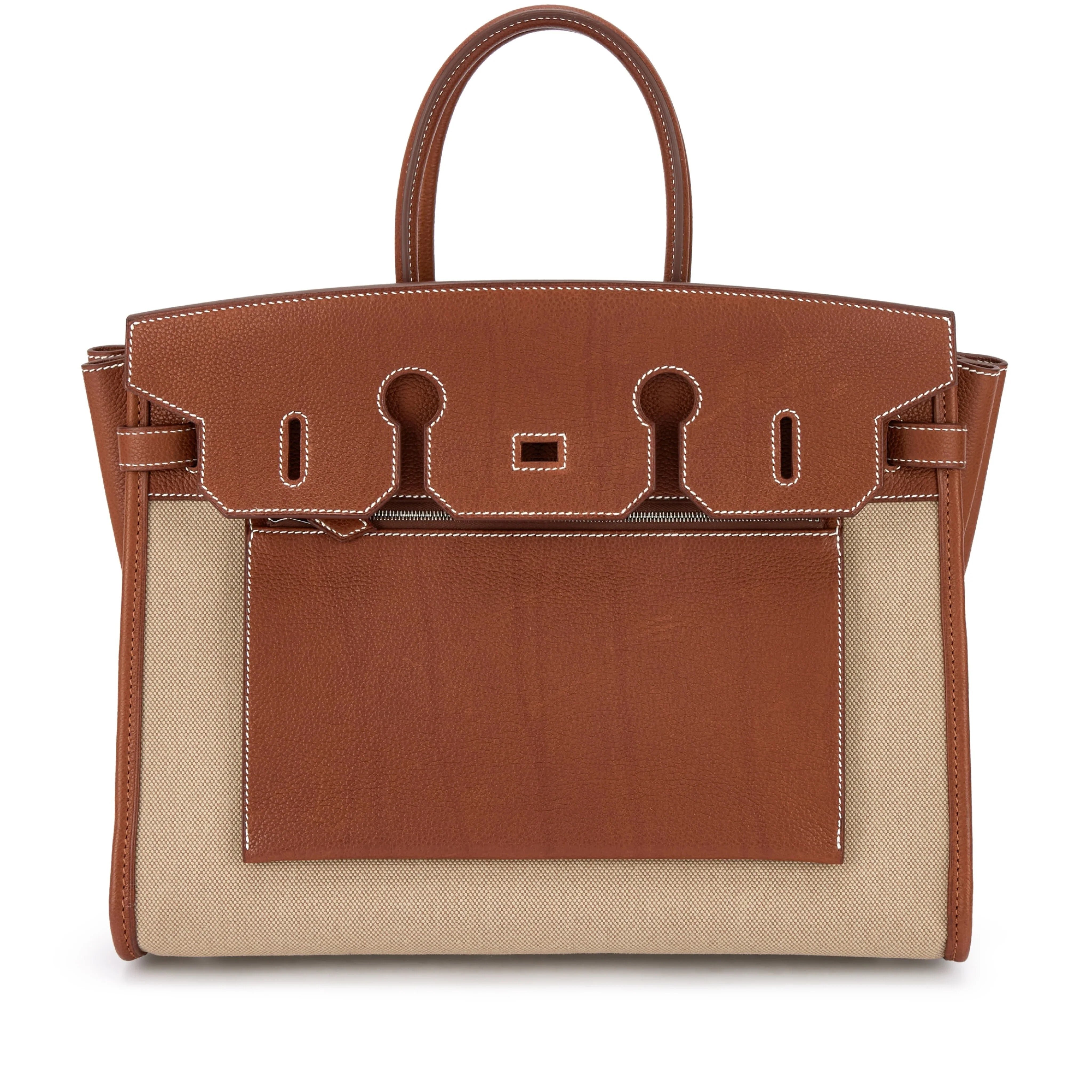 Vintage Fawn Brown Canvas Patchwork Tote Bag With Silver Turn Lock and Dual Thick Leather Top Handles