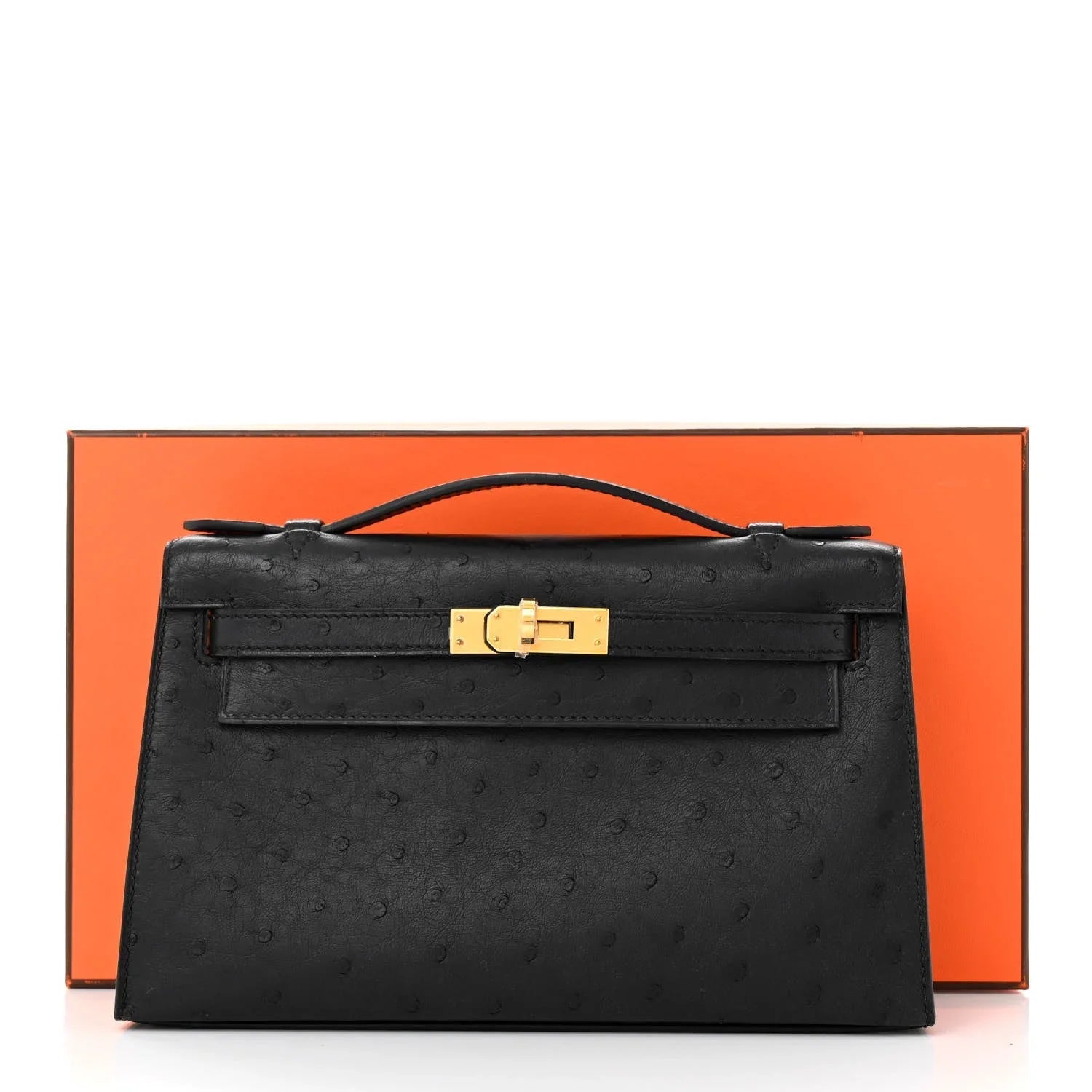Sleek Black Ostrich Leather Mini Flap Handbag With Polished Gold Turn Lock and Short Slim Top Handle