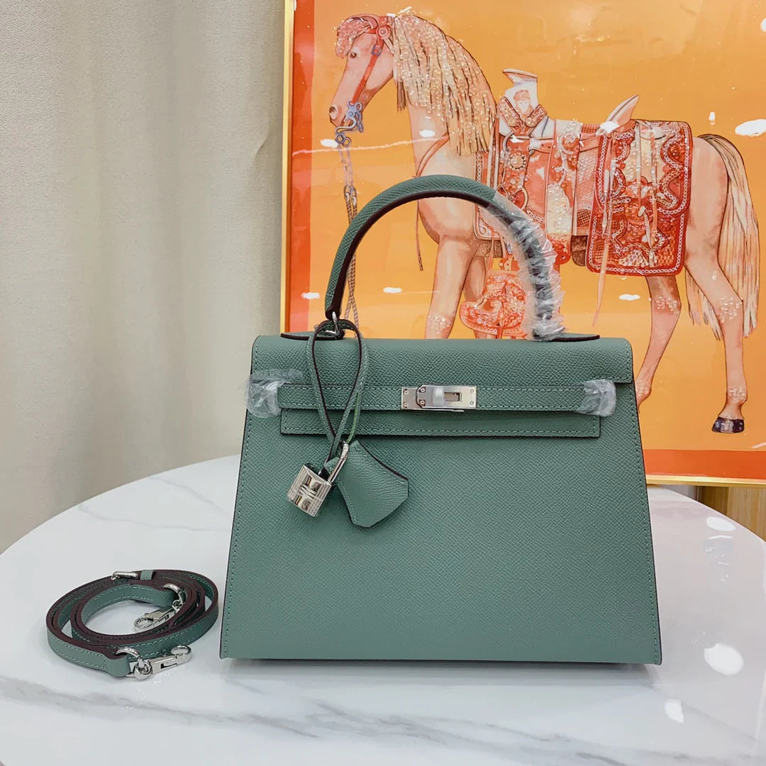Almond Dark Green Mini Flip Handbag With Silver Turn Lock, Black Top Handle & Detachable Shoulder Strap