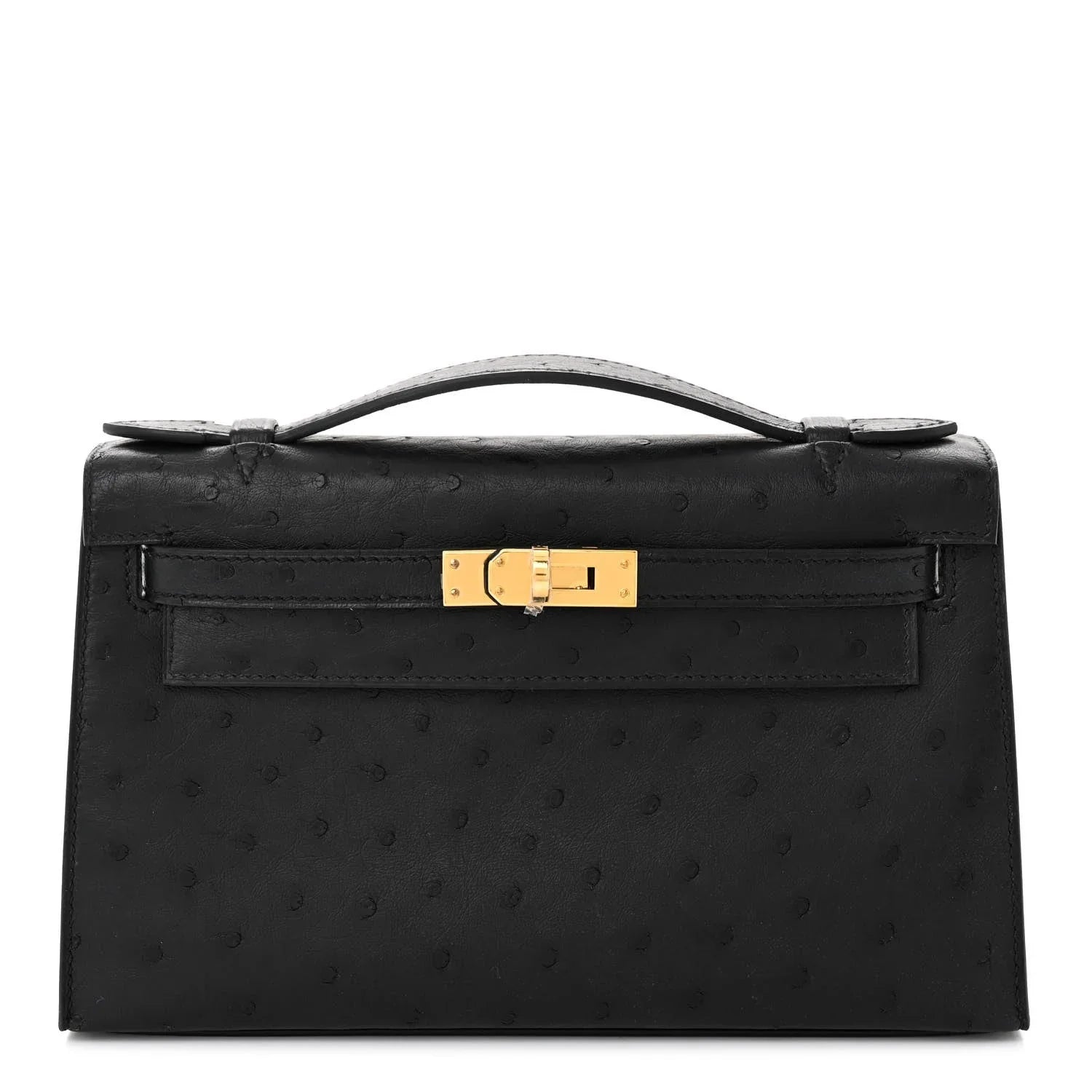 Sleek Black Ostrich Leather Mini Flap Handbag With Polished Gold Turn Lock and Short Slim Top Handle