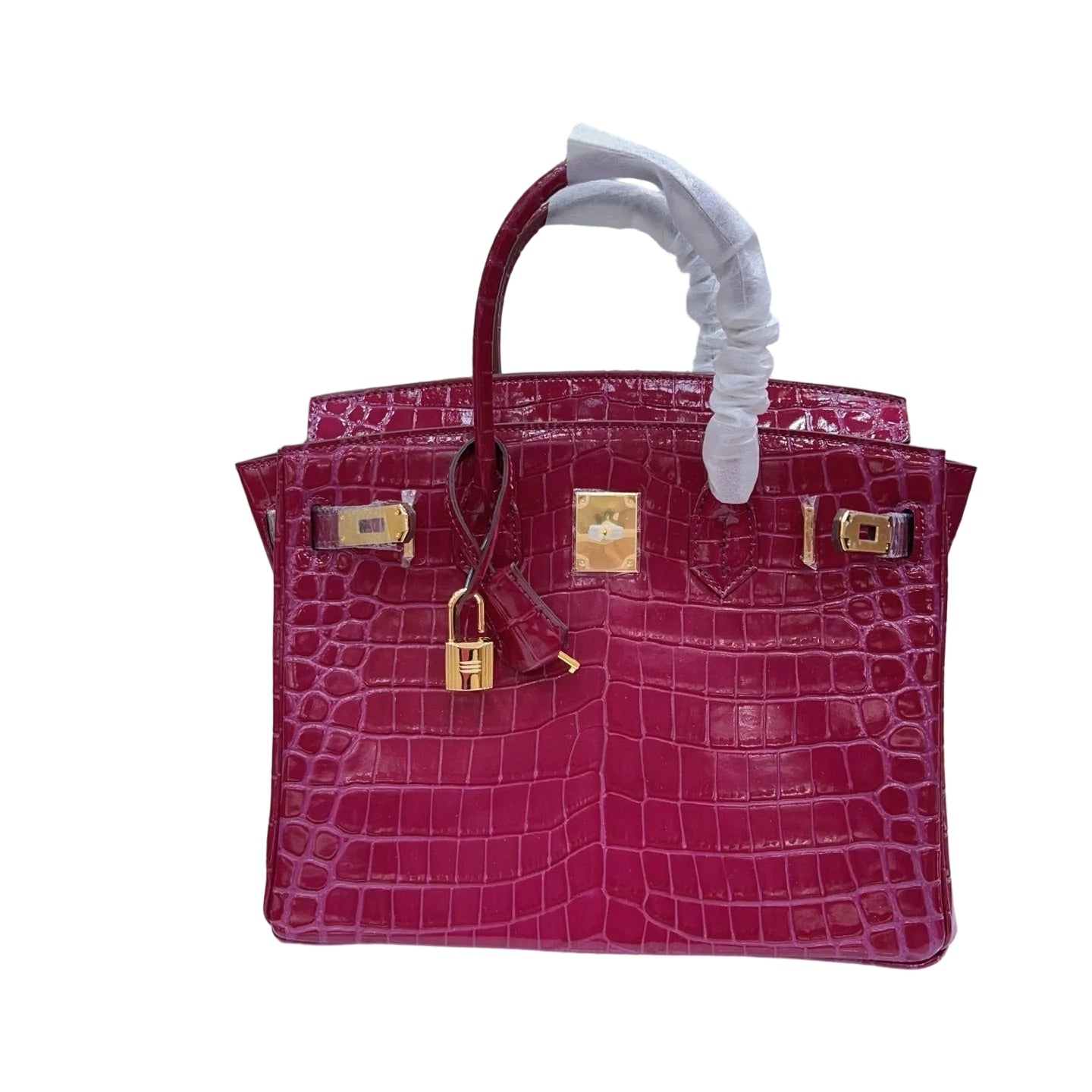 Glossy Ruby Red Crocodile Embossed Structured Tote Bag With Full Set Polished Gold Lock Hardware & Dual Rolled Top Handles