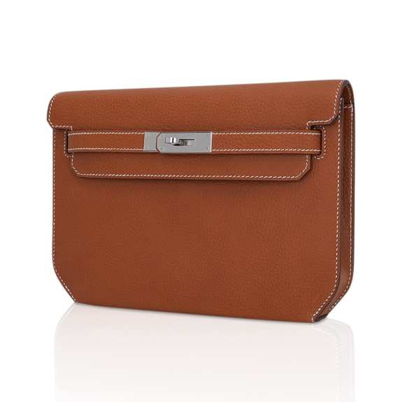 Vintage Fauve Brown Flat Flap Wrist Pouch With Silver Turn Lock & Detachable Leather Wrist Lanyard