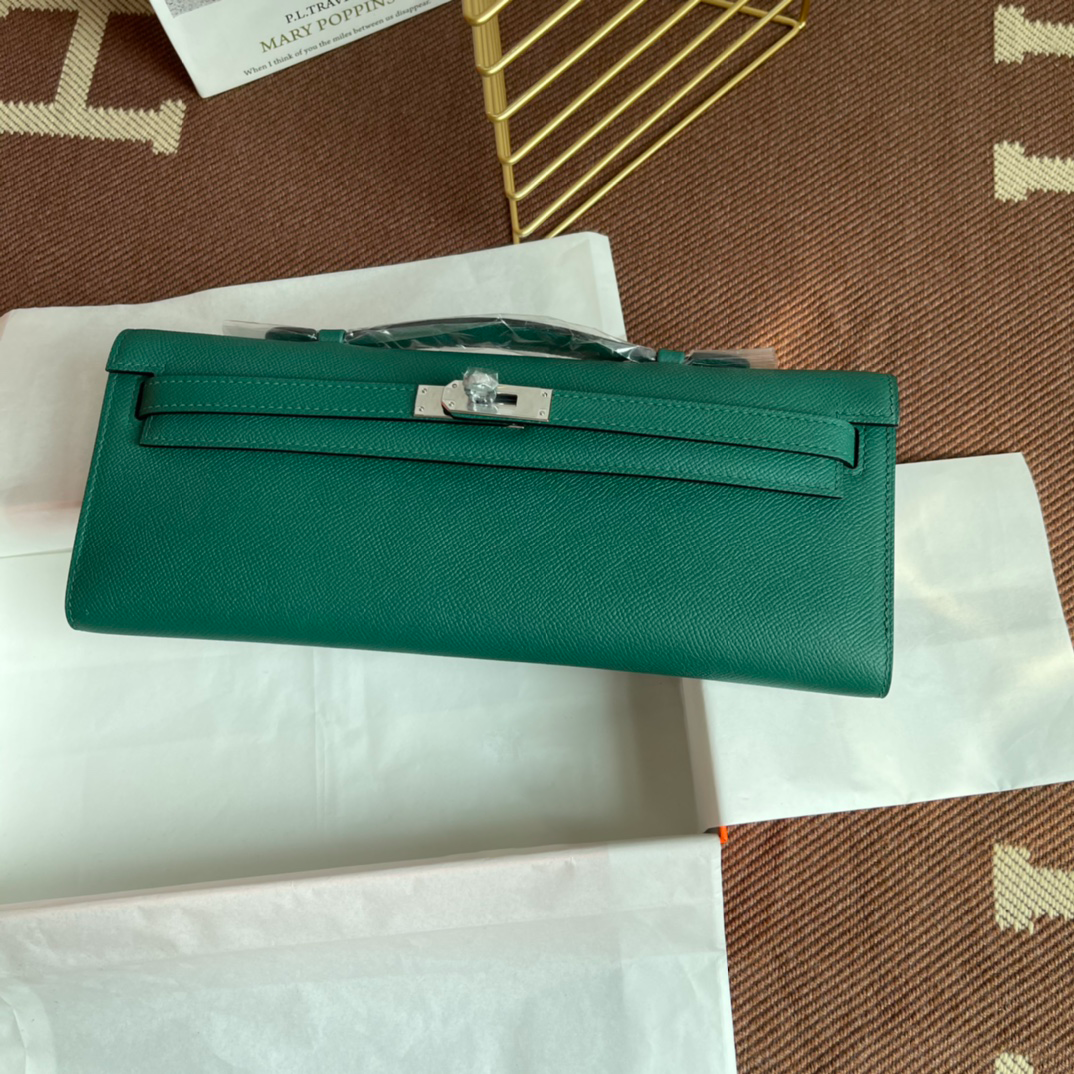 Peacock Green Long Flap Clutch With Polished Silver Turn Lock and Slim Hand Strap