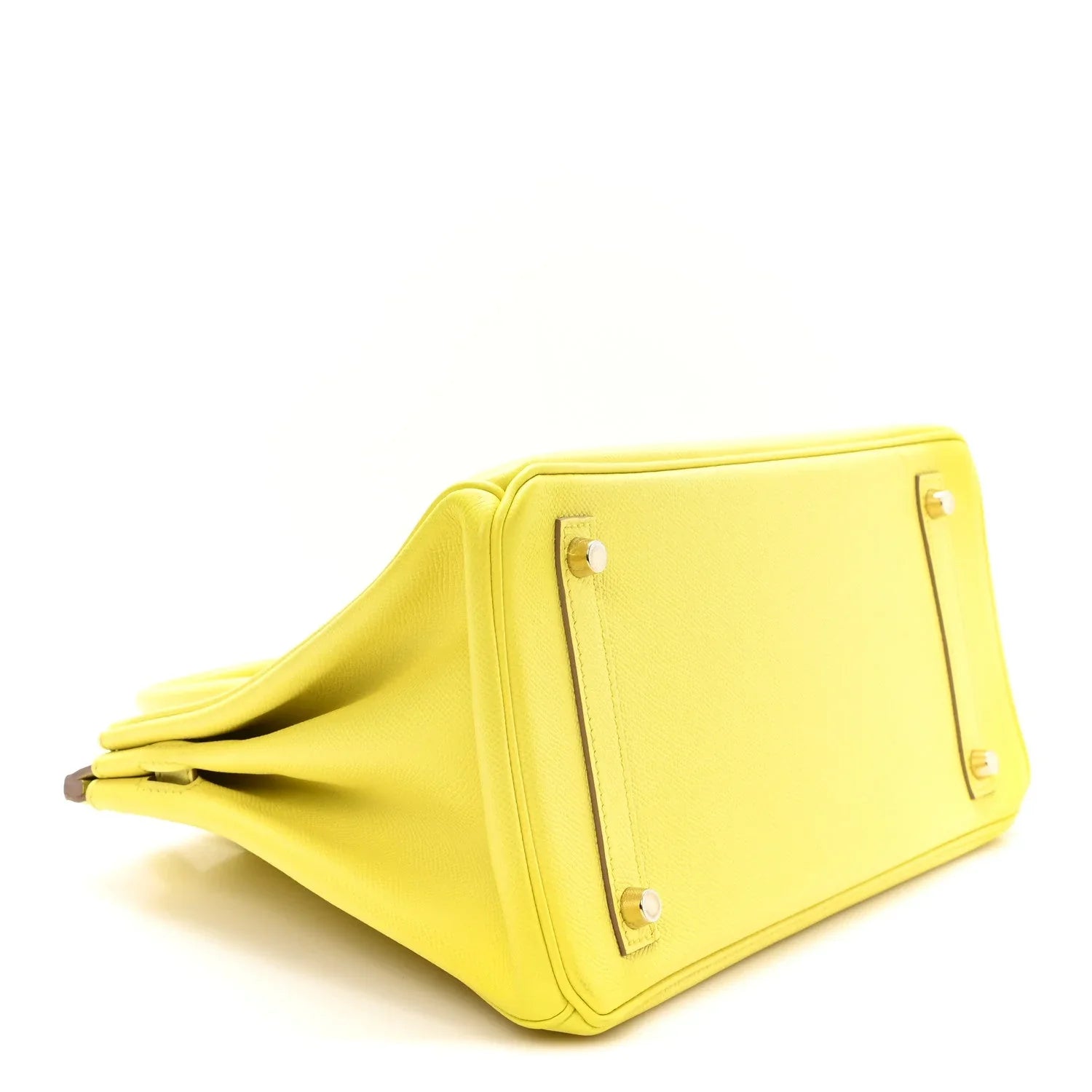 Bright Milton Yellow Rigid Tote Handbag With Polished Gold Turn Lock, Matching Rolled Top Handles & Complete Lock Key Set