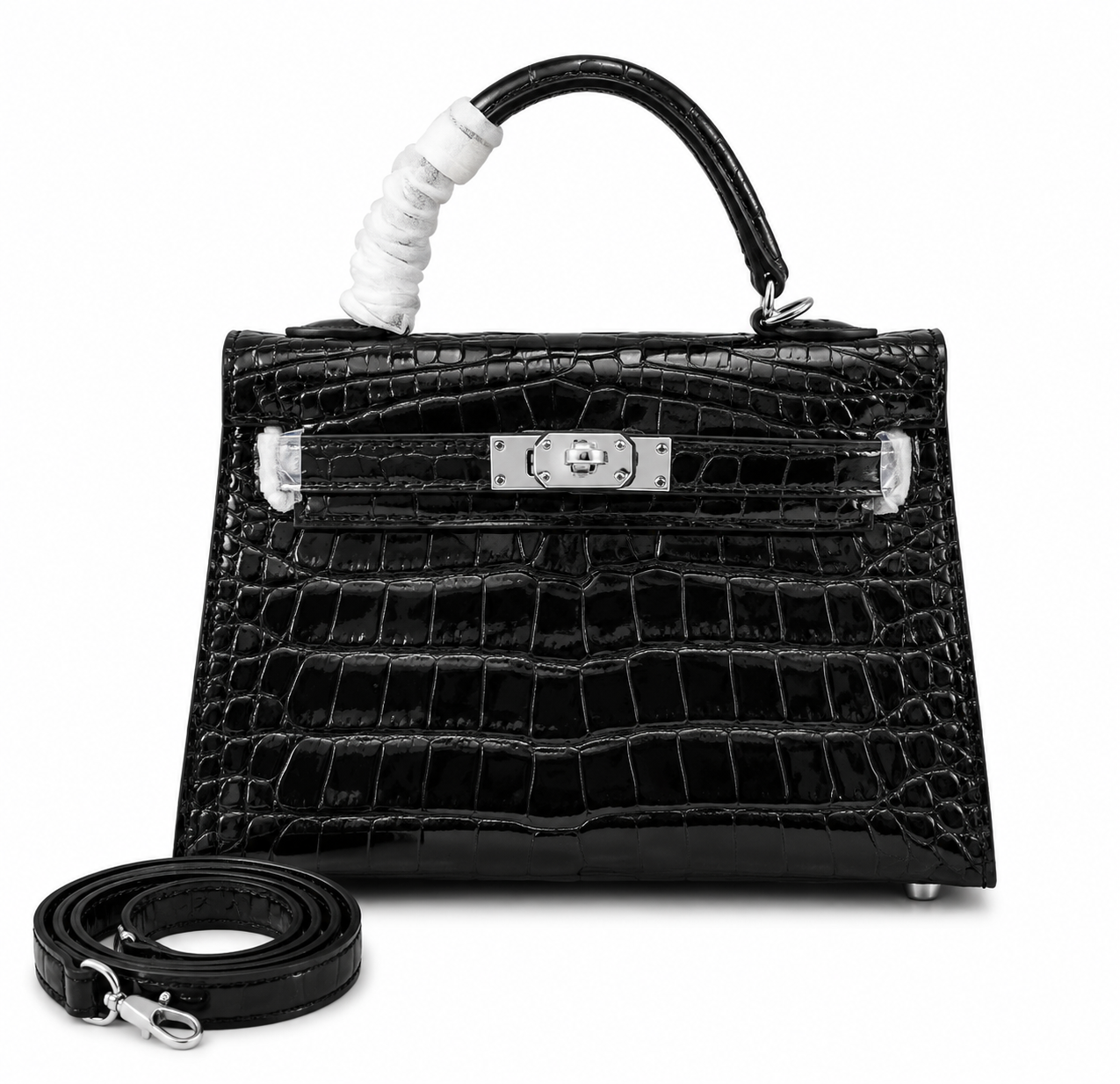 Glossy Black Shiny Crocodile Leather Mini Sellier Handbag With Silver Turn Lock, Short Top Handle & Matching Detachable Leather Crossbody Strap